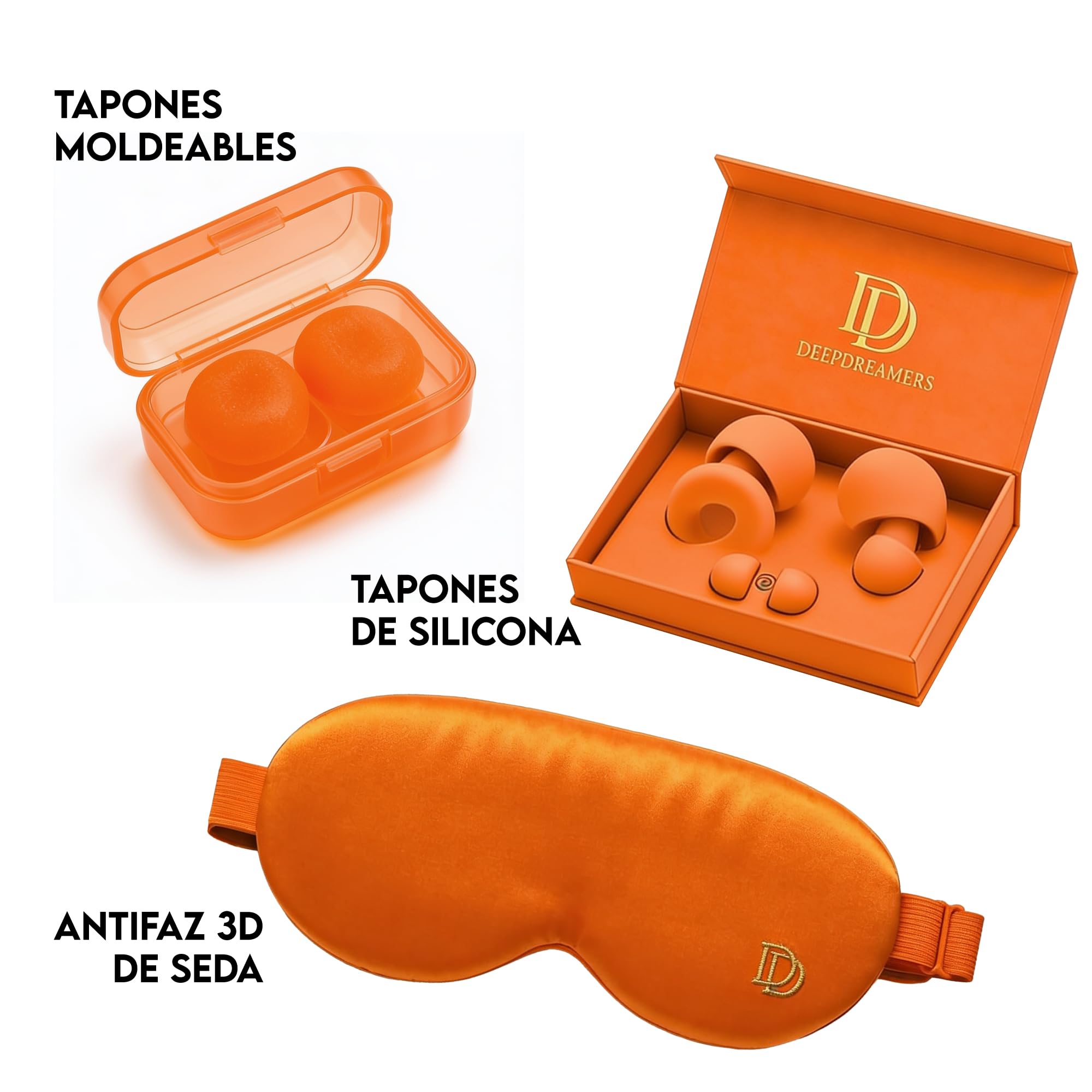 Pack descanso premium: Antifaz para dormir 3D seda, tapones para dormir de silicona, amuleto del sueño y bolsa satén – Kit relajacion sleep mask, tapones oidos en casa o de viaje. Regalos originales.