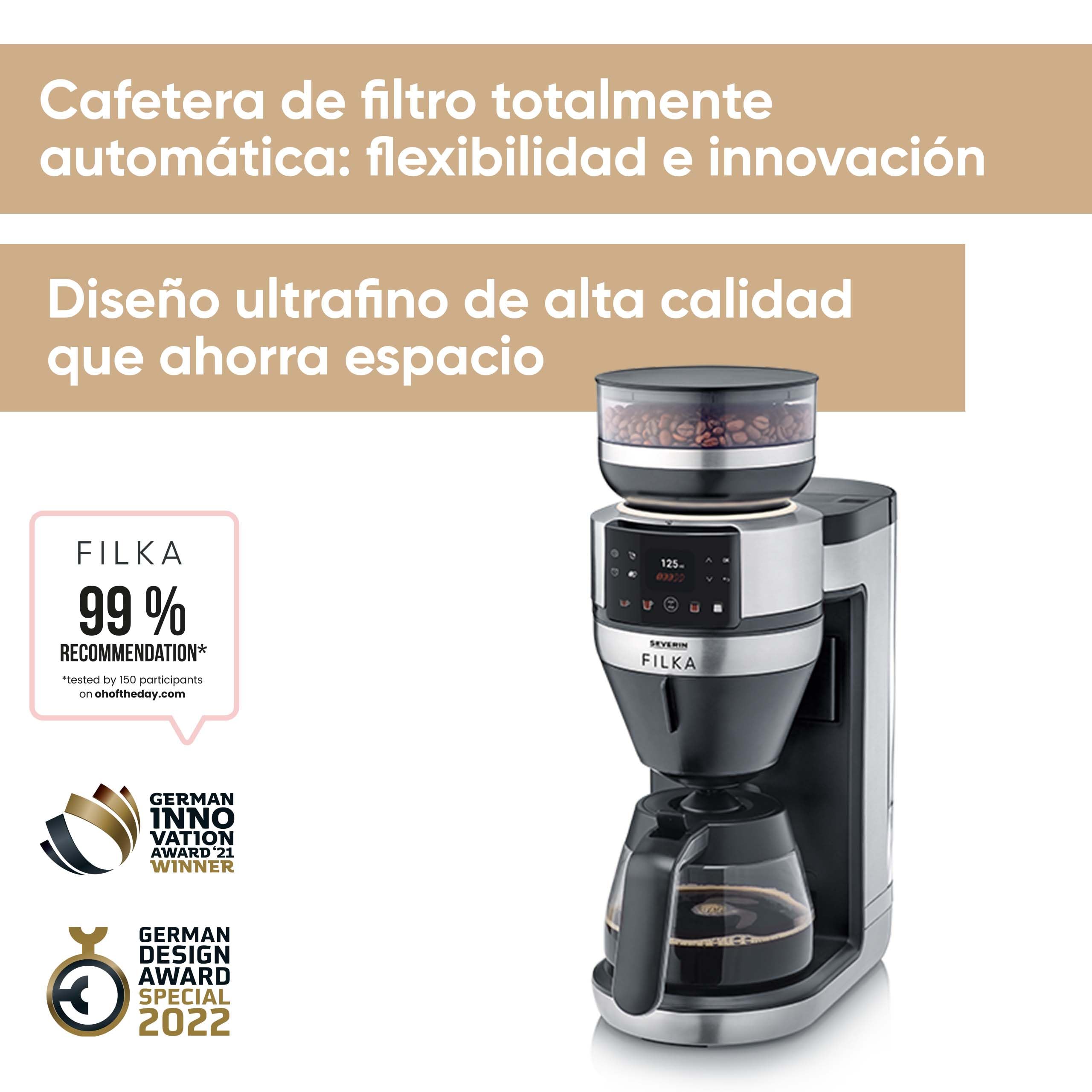 Severin - Cafetera de filtro con molinillo totalmente automática con jarra de cristal 2 L. FILKA KA Acero Inox/Negro 1.520 W KA 4852