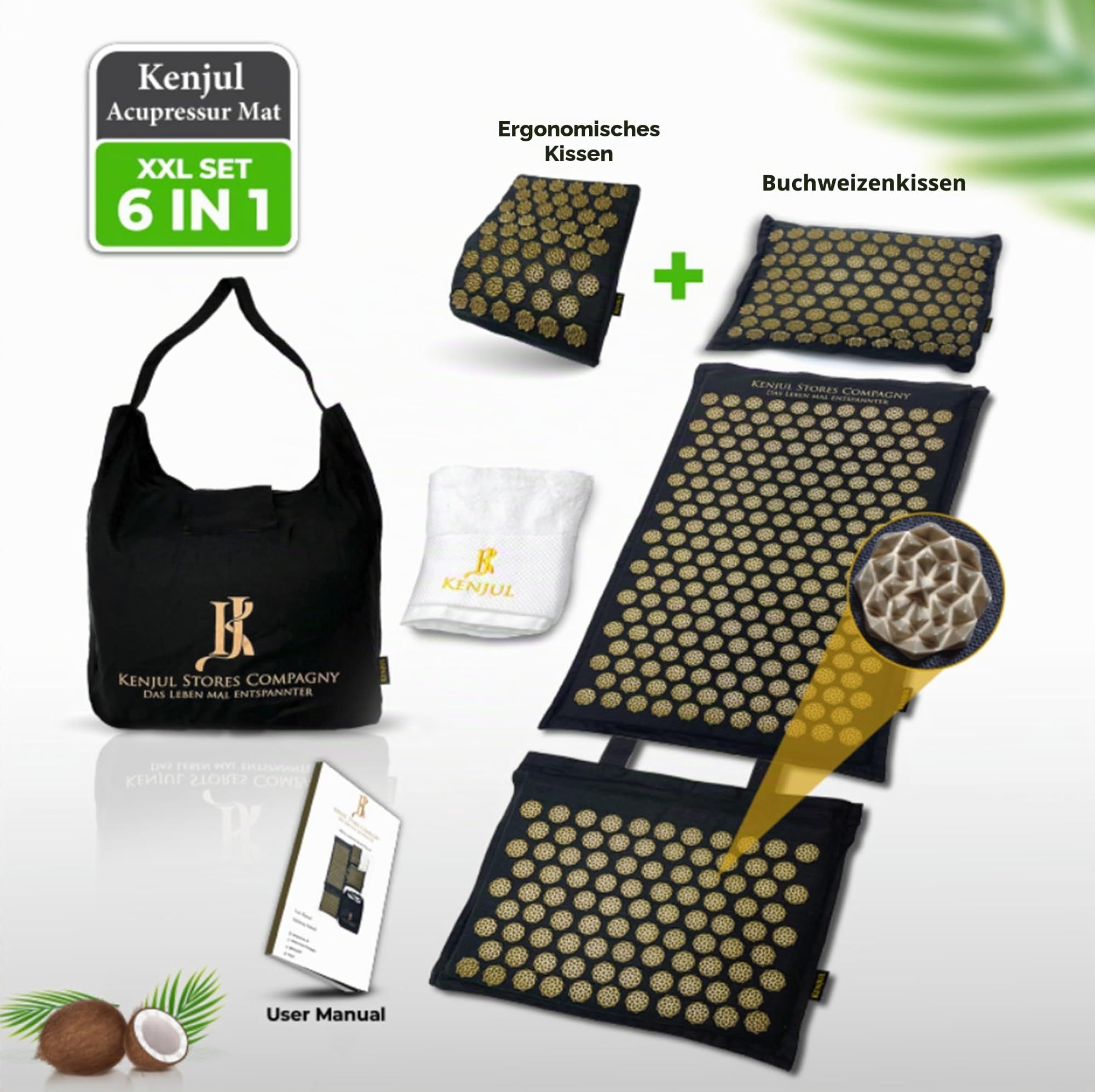 Akupressurmatte XXL (6-teilig) mit ergonomischem Kissen & Wärmfunktion – Ganzkörpermassage zur Linderung von Verspannungen, Rücken- und Nackenschmerzen inkl. Tasche & Anleitung (Schwarz-Gold)