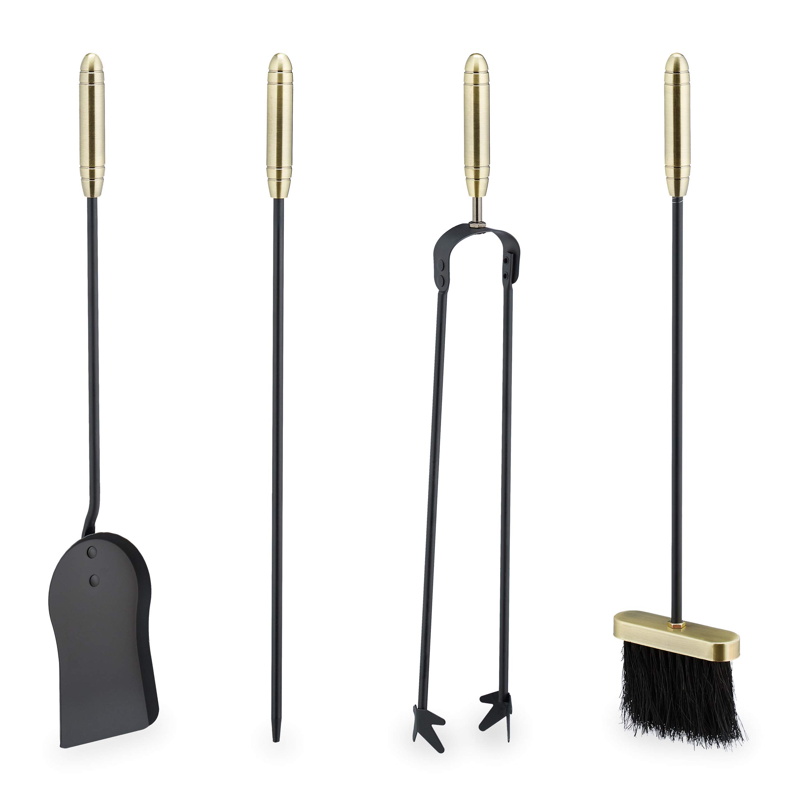 Relaxdays Kaminbesteck, 5-teilige Kamingarnitur m. Schaufel, Besen, Haken, Zange & Halter, Stahl & Messing, schwarz/Gold