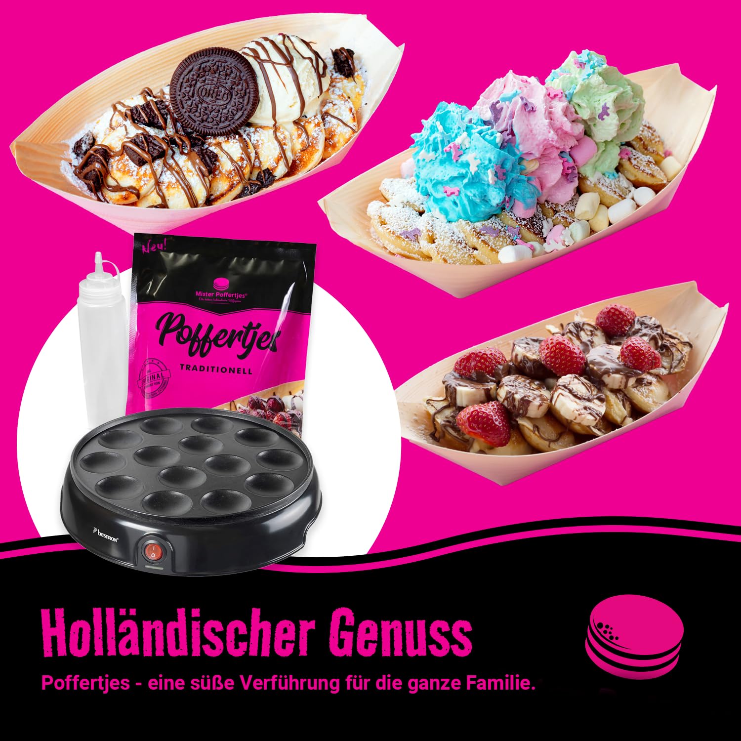 MISTER POFFERTJES Pancake Backmischung für Poffertjes, holländische Mini-Pfannkuchen mit elektrischem Poffertjes Maker, Pancake Mix für 40 Stück, 4-6 Portionen
