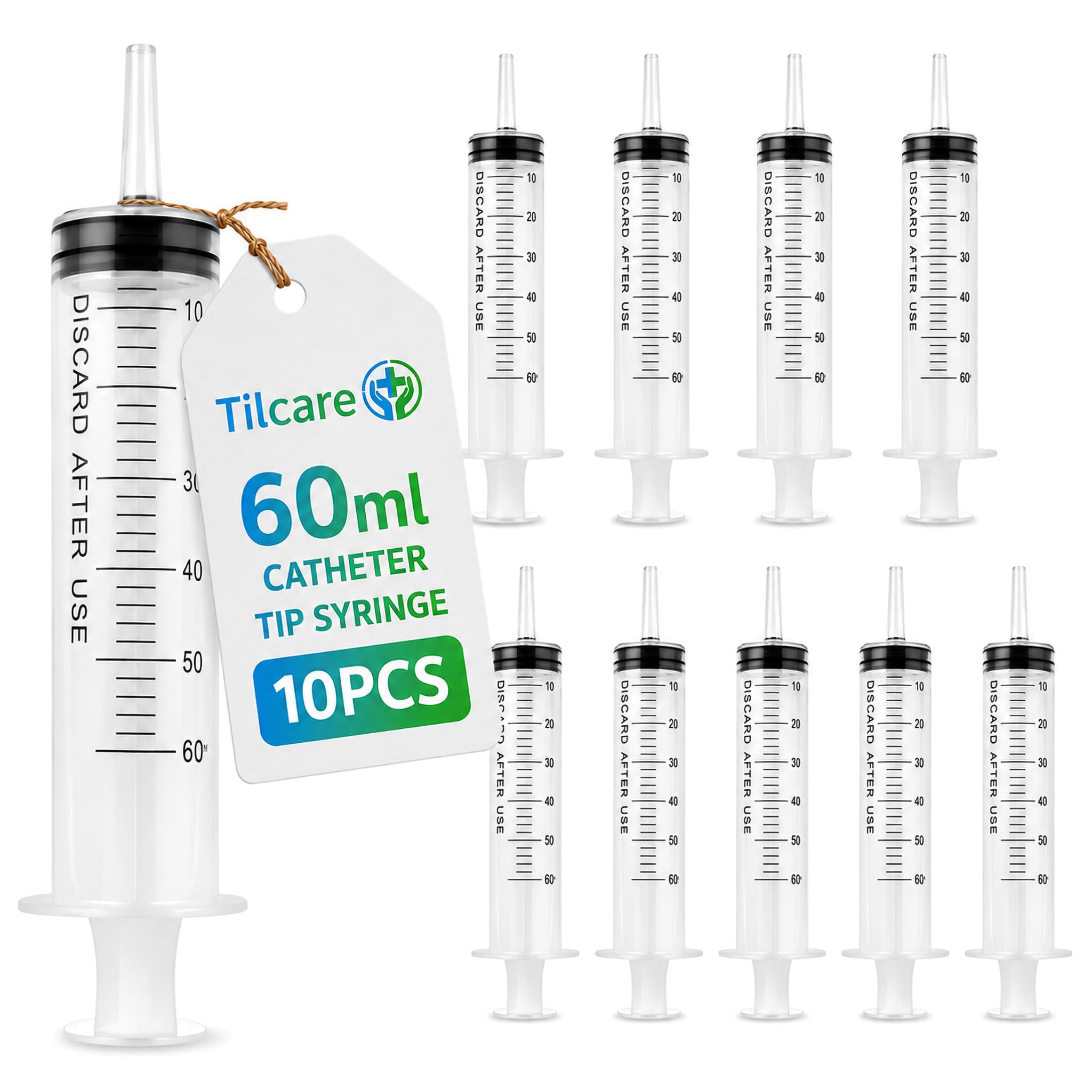 60ml Catheter Tip Syringe with Covers 10 Pack by Tilcare - Sterile Plastic Medicine Food Droppers for Children, Pets or Adults – Latex-Free Oral Medication Dispenser - Large Feeding Tube Syringes