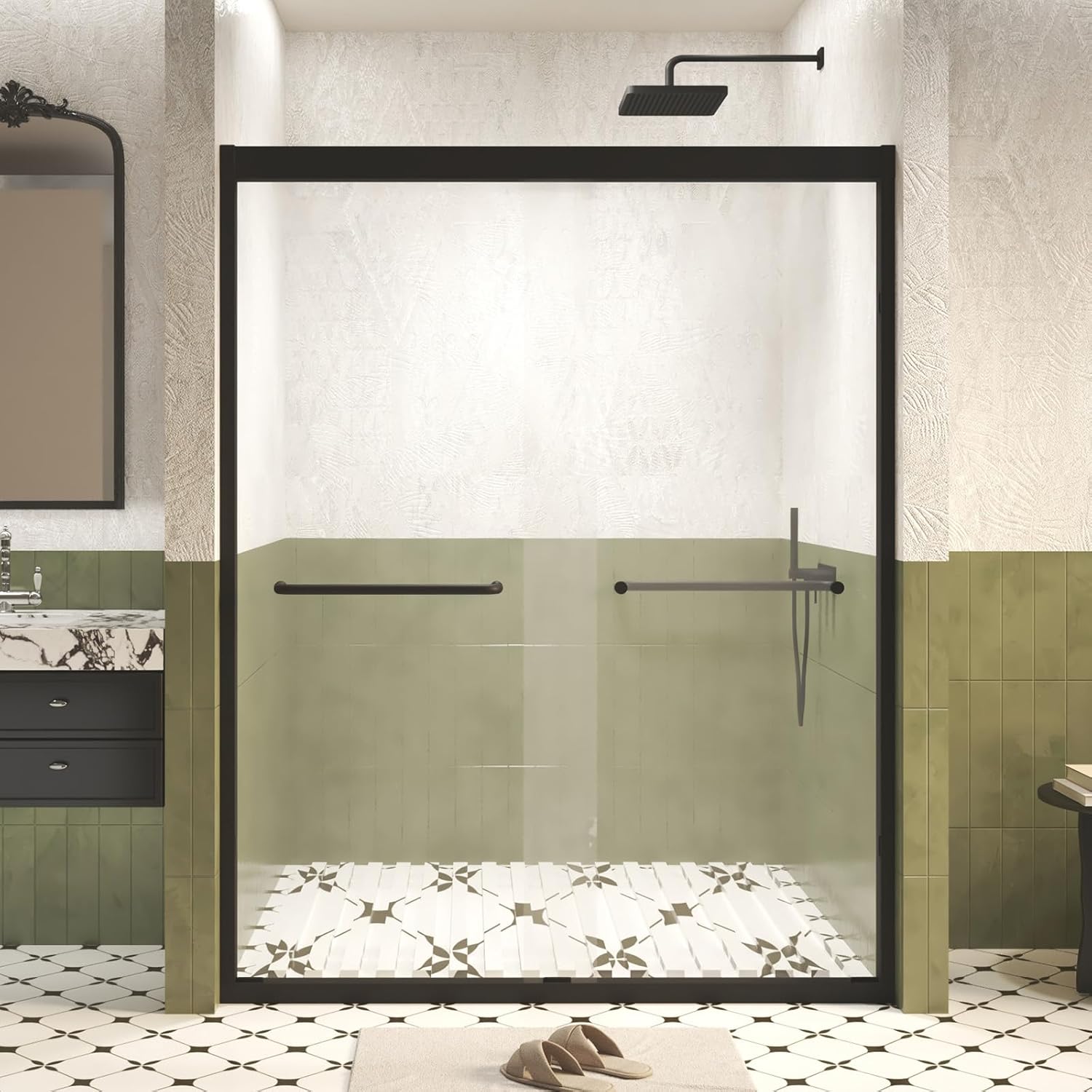 Favfurish 56-60" x 72" Shower Door,Bathtub Sliding Door with 1/4 (6 mm) Tempered SCGG Glass,Explosion Proof Film,Aluminum Frame Double w/Stainless Steel Handle,Anti-Crash Angle,Matt Black