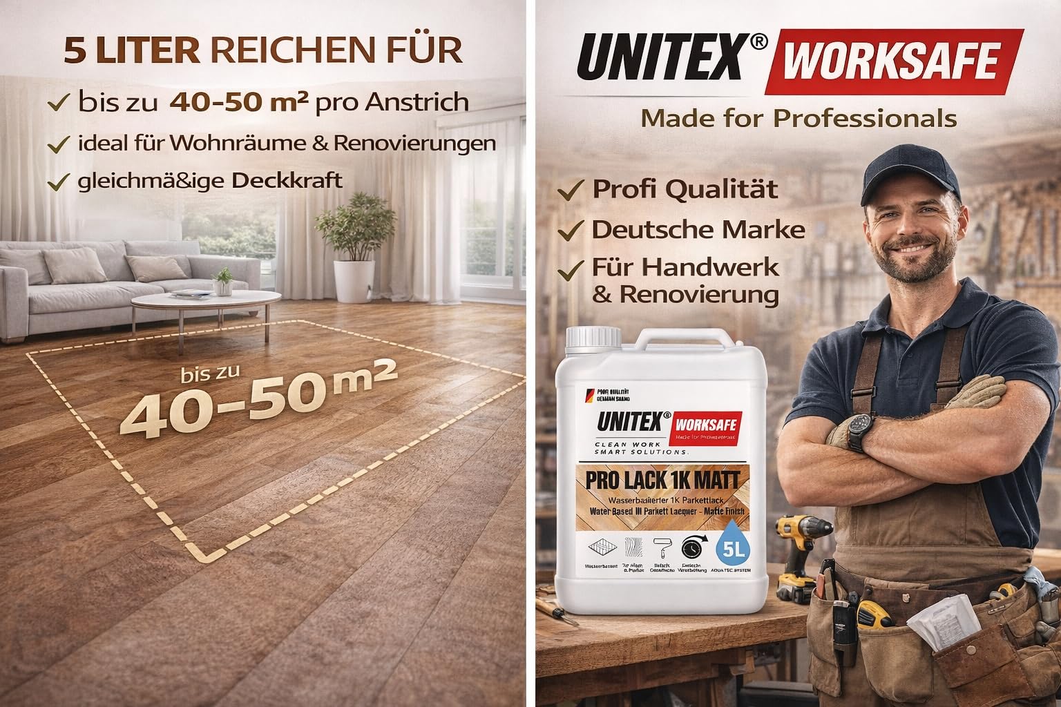 Unitex Barniz de parquet mate a base de agua, 5 l – 1 K, barniz para madera para parqué y suelos de madera, resistente, secado rápido Pro barniz K1