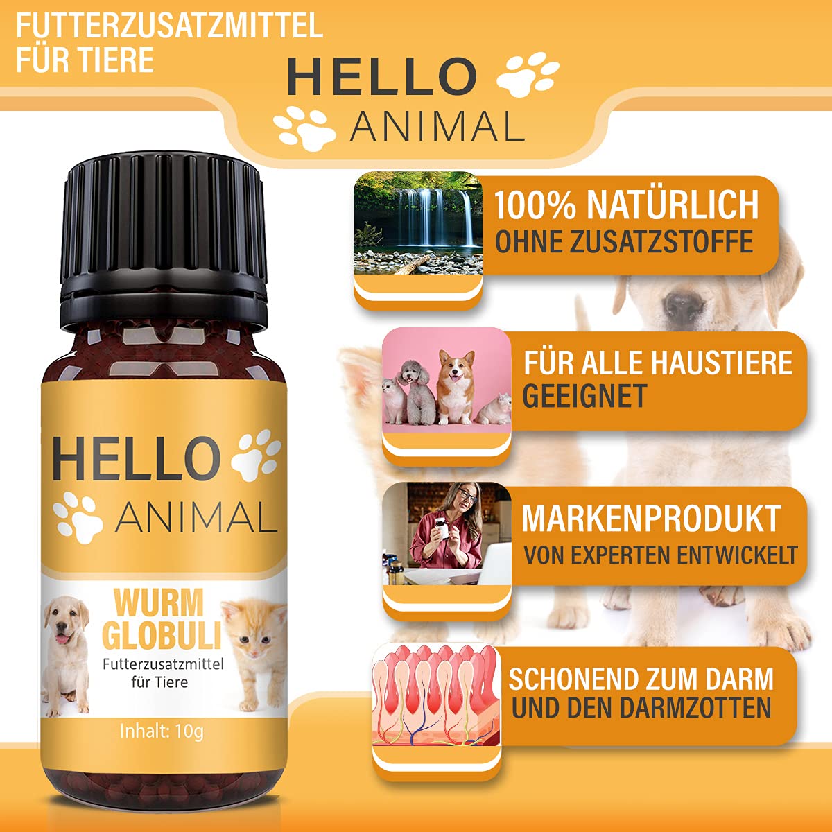 NEU: HelloAnimal® Wurm Globuli für Tiere wie Katzen, Hunde, Kaninchen und Geflügel - Kur vor, während und nach Befall, natürliches Mittel für Magen und Darm bei WURMBEFALL