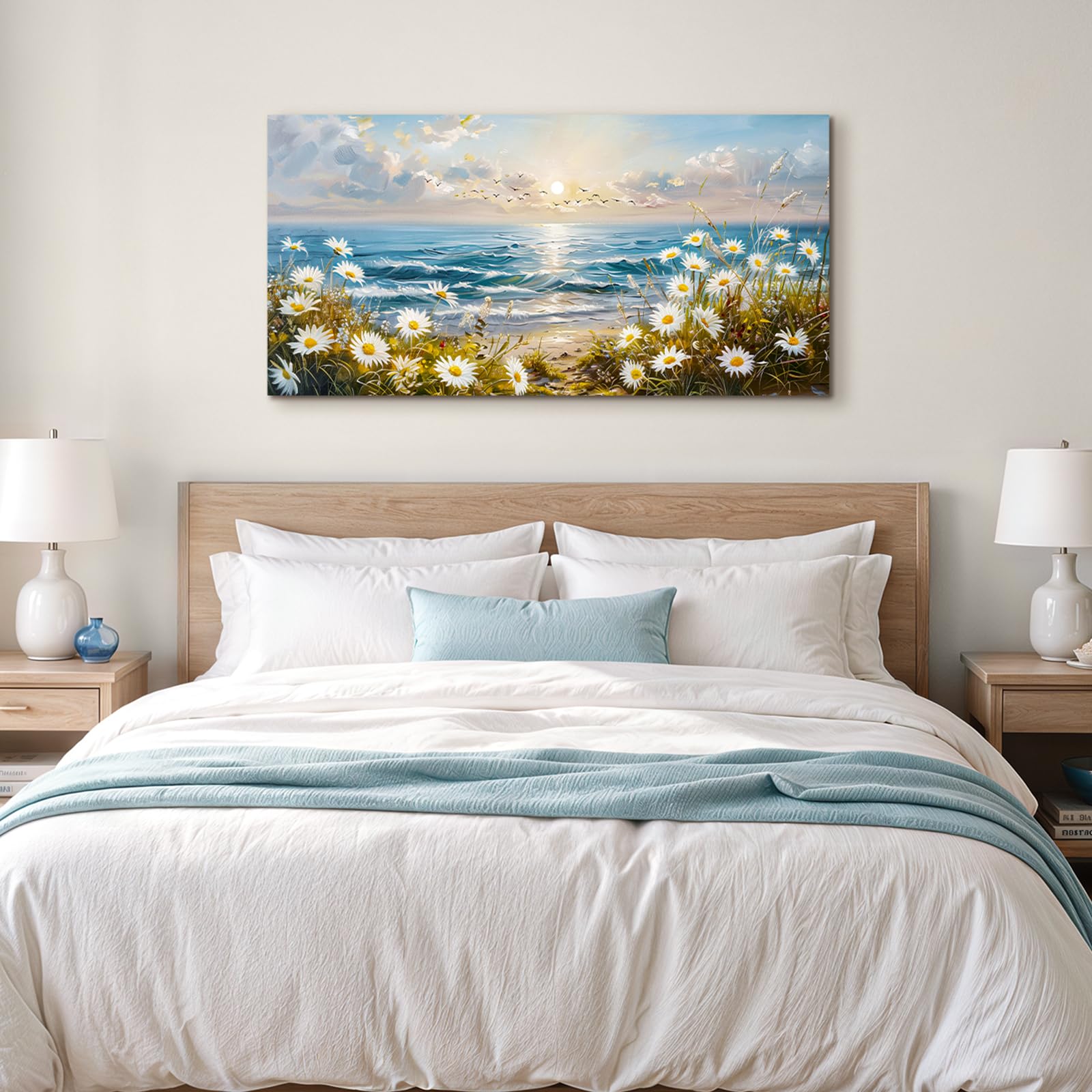 SERIMINO Aesthetic Wandbild Meer Wildblume Bilder Wohnzimmer 59x119 cm | Gänseblümchen Meer Wanddeko Hochauflösender Druck Stabiler Holzrahmen Geschützte Leinwand Einfache Montage Vielseitig Nutzbar