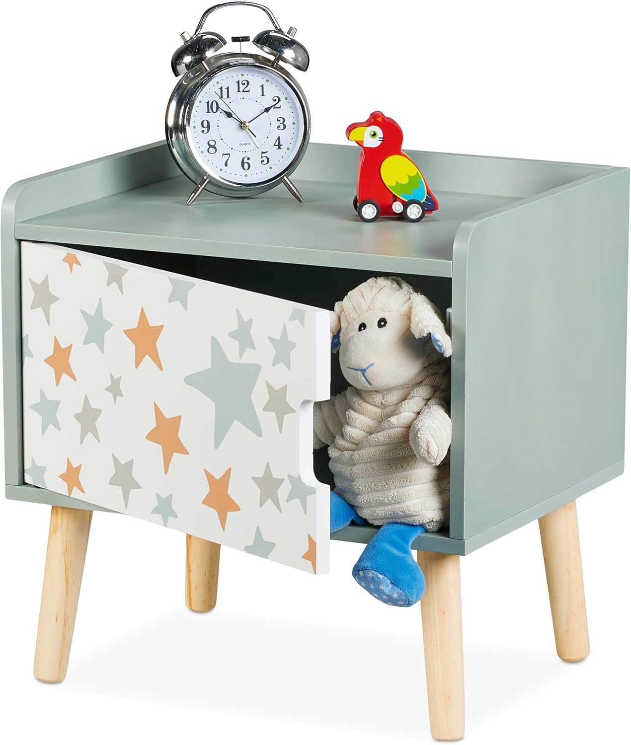 Relaxdays Children's Bedside Table with Storage Compartment, H x W x D: 41 x 40 x 30 cm, Children's Bedroom Chest of Drawers Stars Wood and MDF Multi-Coloured