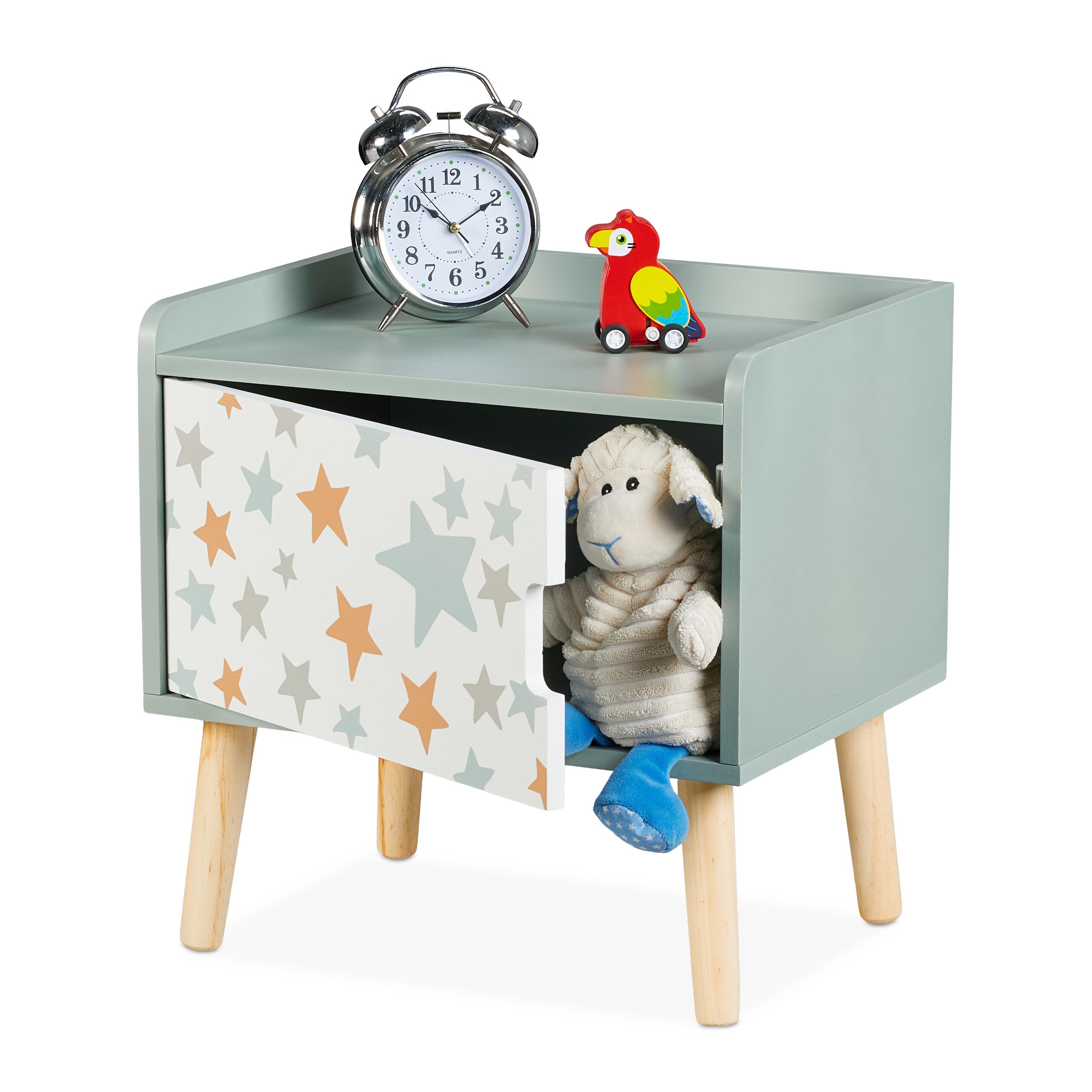 Relaxdays White/Green Children's Bedside Table, Stars, Kids Nightstand With Cupboard, Hwd 41X40x30 Cm, Wood & Mdf, Fibreboard