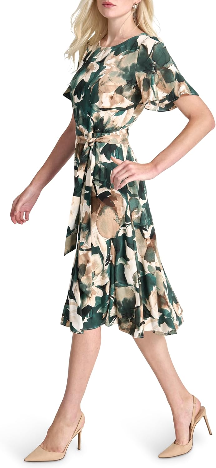 DKNY Womens Flutter Sleeve Round Neck Waist Tie Midi Dress - Image 3