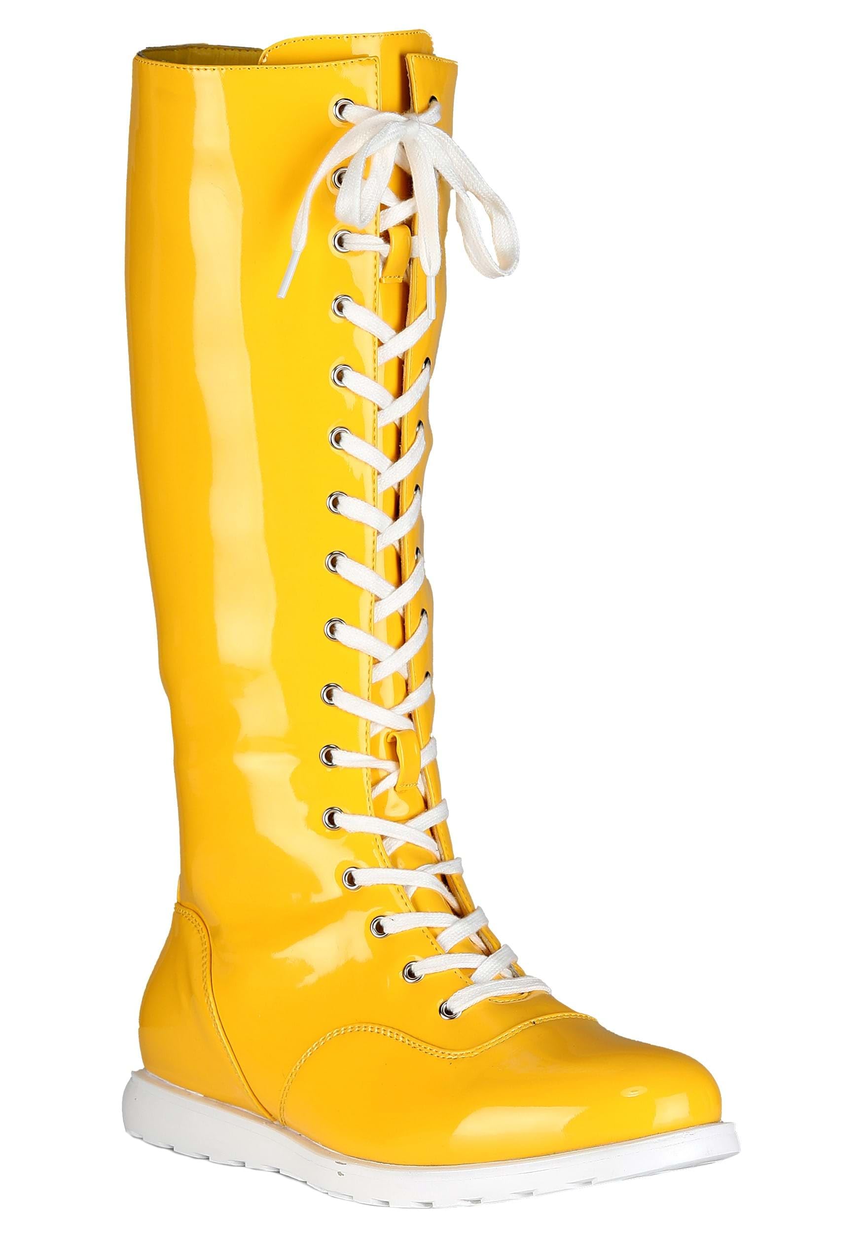 Yellow Wrestling Costume Adult Boots - Faux Patent Leather, Zippered Sides, Rubber Soles & Flat White Laces