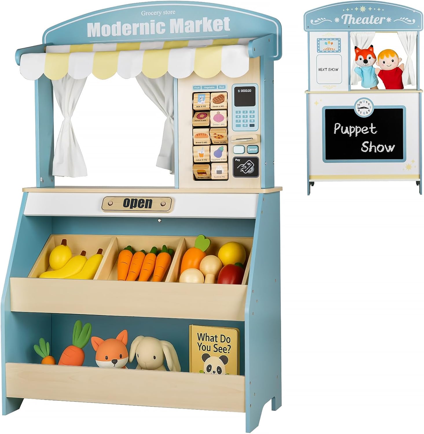 Kids Grocery Store Pretend Play, Puppet Theater&Grocery Store Playset Toy Double-Sided, Toddler Supermarket Toy Cash Register w/Blackboard, Display Shelves, Gift for Boys Girls, Blue