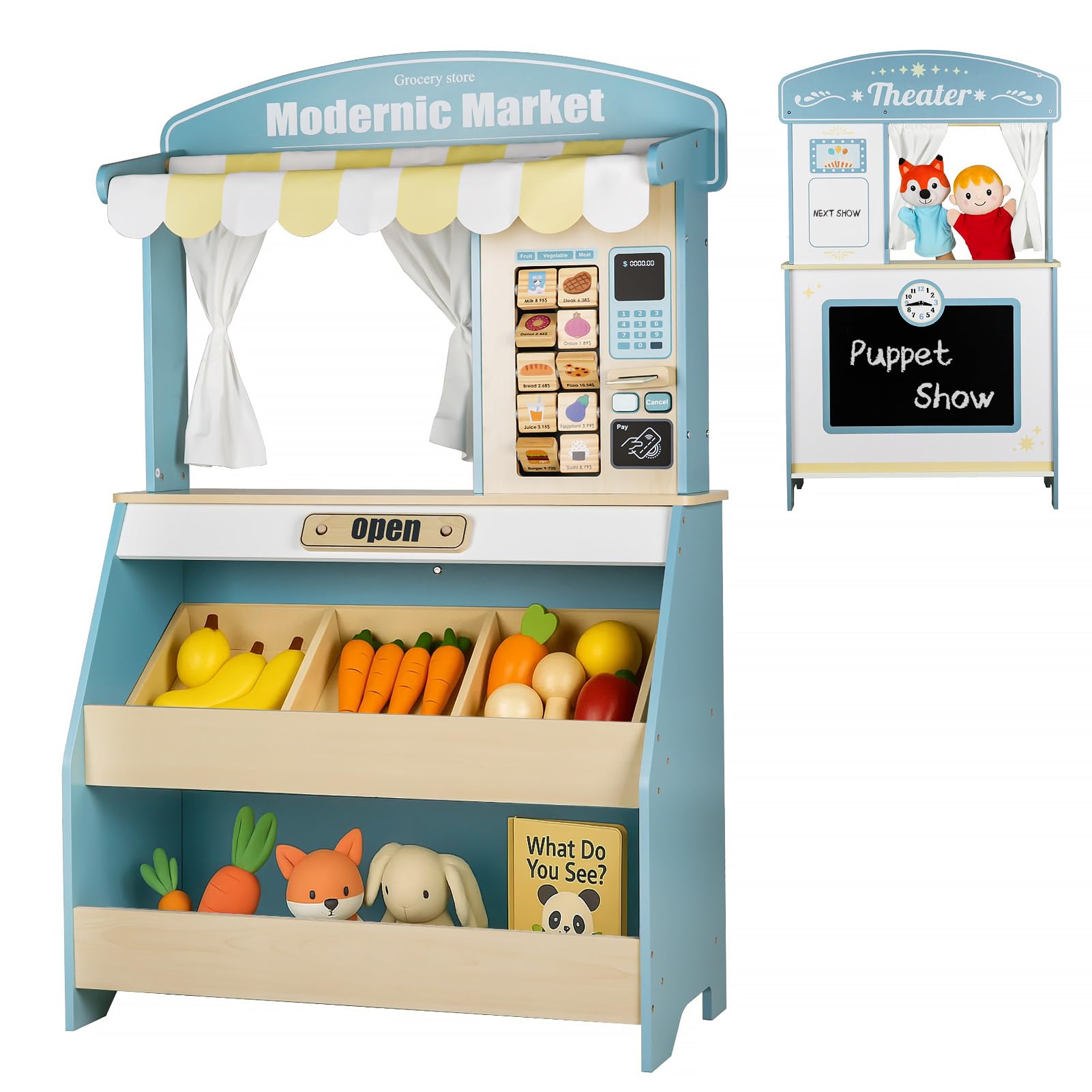 DREAM BUILDING Kids Grocery Store Pretend Play, Puppet Theater&Grocery Store Playset Toy Double-Sided, Toddler Supermarket Toy Cash Register w/Blackboard, Display Shelves, Gift for Boys Girls, Blue