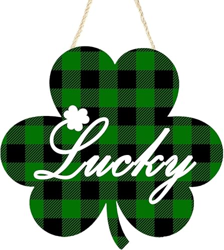 Shamrock Wooden Hanging Sign for Spring Summer, Buffalo Plaid Lucky Decorations 