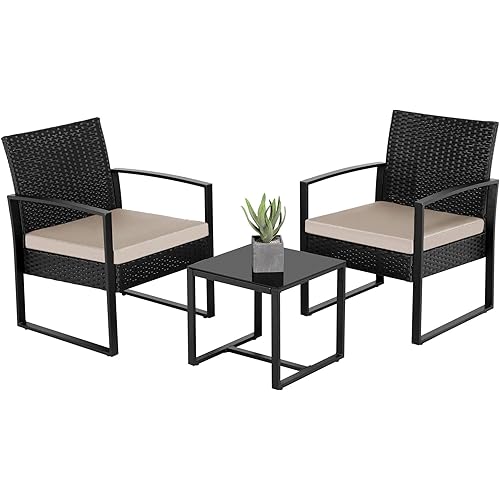 Yaheetech 3 Pieces Patio Porch Furniture Sets Outdoor Garden Furniture Sets Modern PE Rattan Wicker Chairs with Washable Cushion & Tempered Glass Tabletop Coffee Table Black/Beige