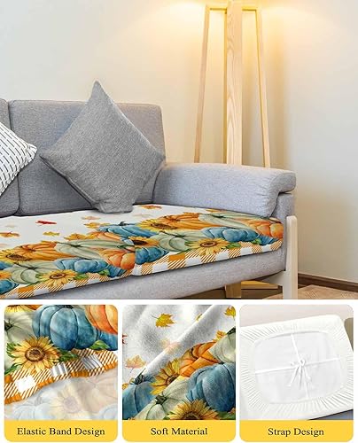 Miniatura 4 de Wowouhiya Fundas de cojín elásticas para sofá de otoño, con diseño de calabazas azules, naranjas y verde azulado, con parte inferior elástica,