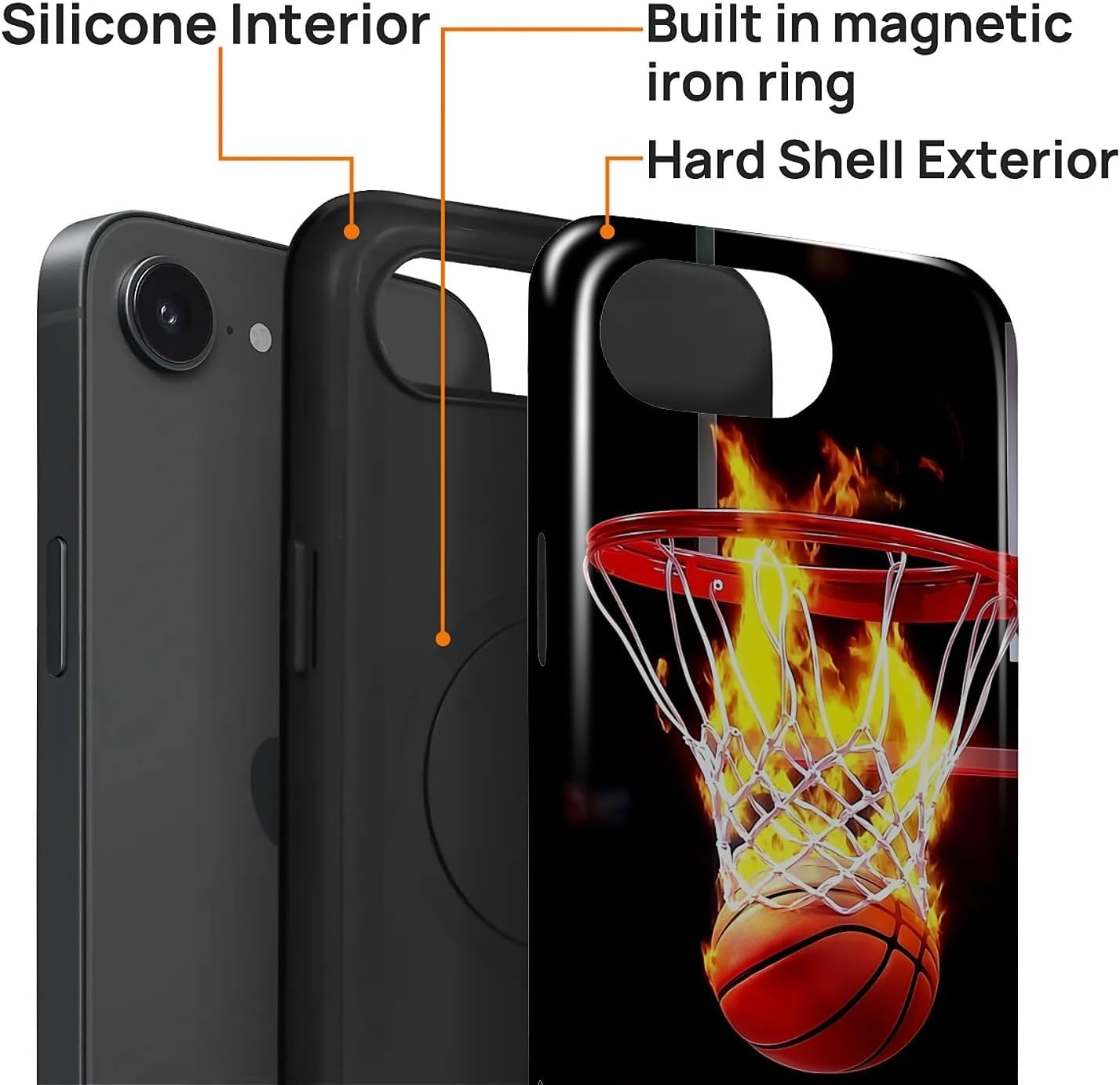 for iPhone 16e Case for Women Girl Men Boy, Compatible with MagSafe, Shockproof Soft Silicone & Hard PC Shell Protective Case for iPhone 16e - Fire Basketball image 2