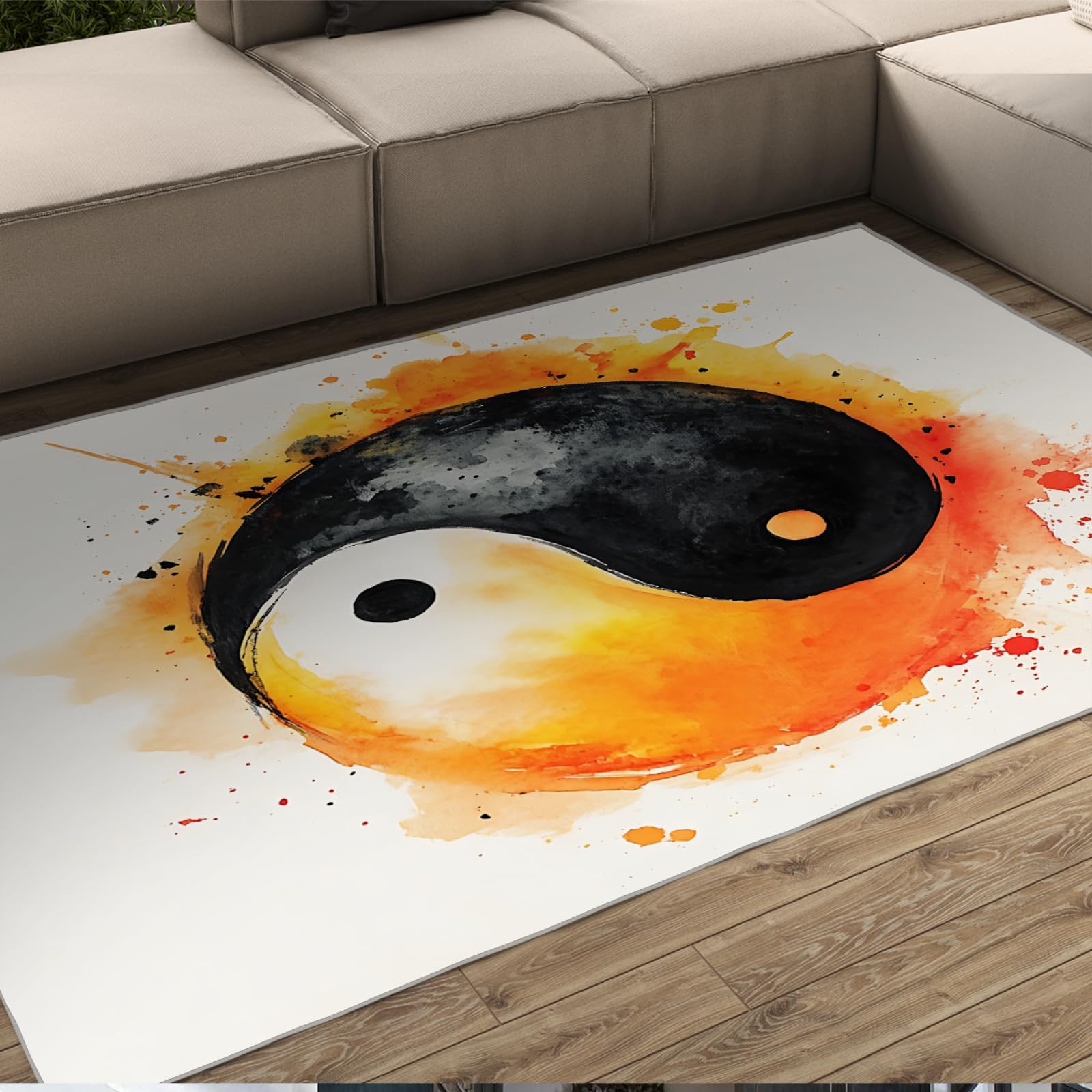 Tapis de méditation Modernes avec Symbole Yin Yang à Poils Ras Facile d’Entretien Tapis inspiré de l’Aquarelle pour Salle de méditation ou Style décor taoïste 160x230cm
