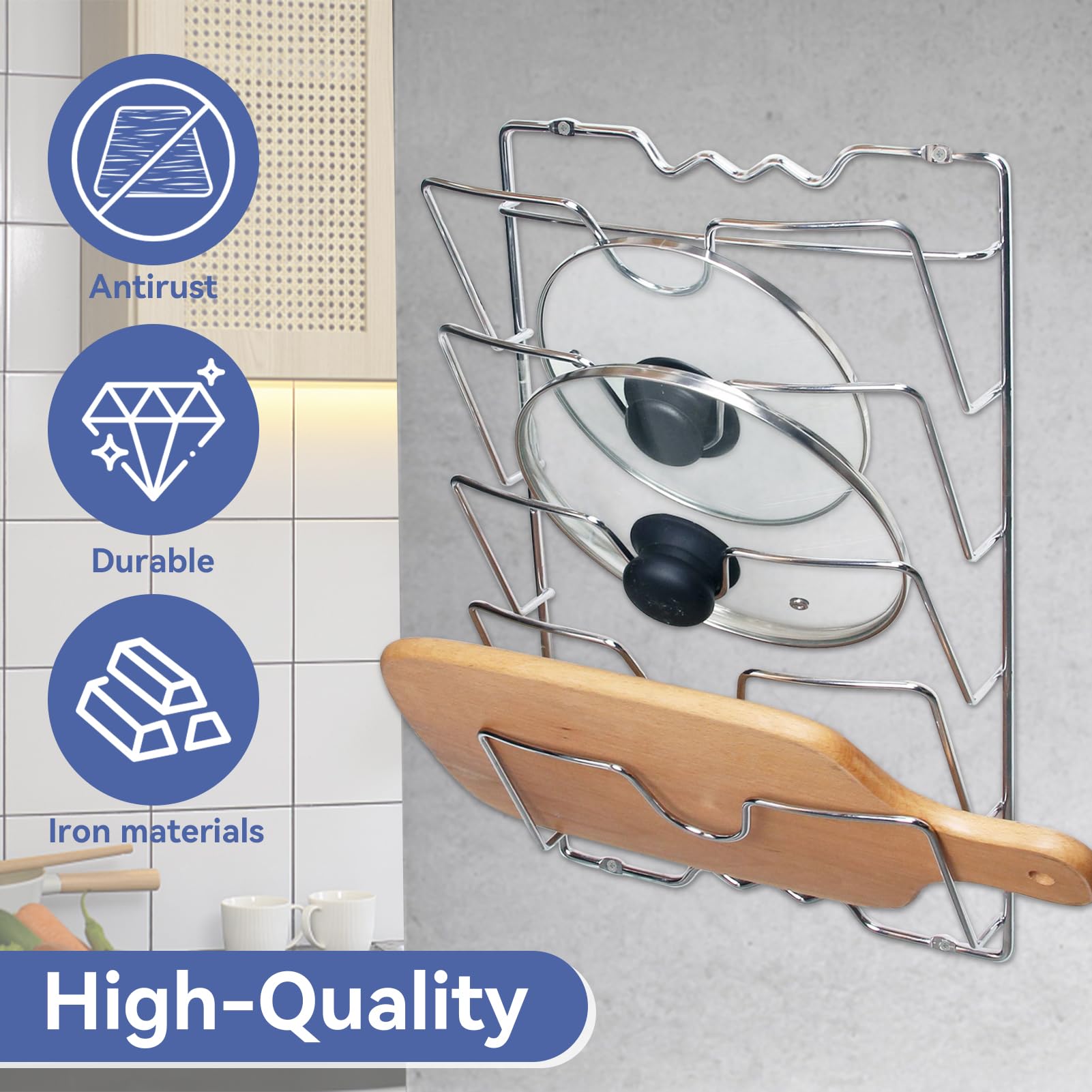 Organizzatore per Coperchi di Pentole - Rack Montato a Muro per Cucina - Porta Pentole e Padelle - Armadio per Coperchi