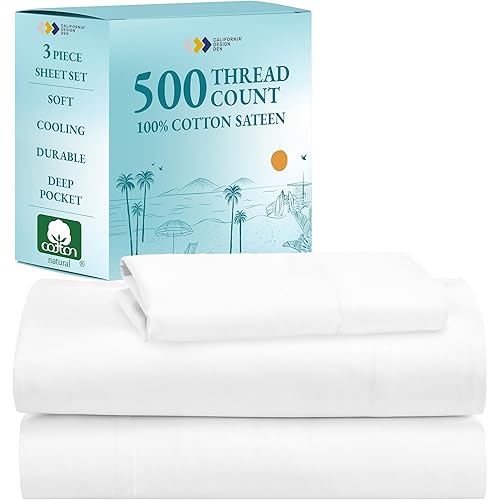 California Design Den 3 Piece Twin XL Size Sheet Set - 100% Cotton 500 Thread Count, Cooling Deep Pocket Bed Sheets with Fitted Elastic Sheet, Extra Soft Luxury Hotel Quality - Bright White
