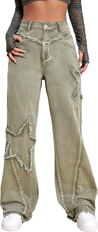 Kedera Womens Star Wide Leg Jeans High Waisted Girls Baggy Denim Pants