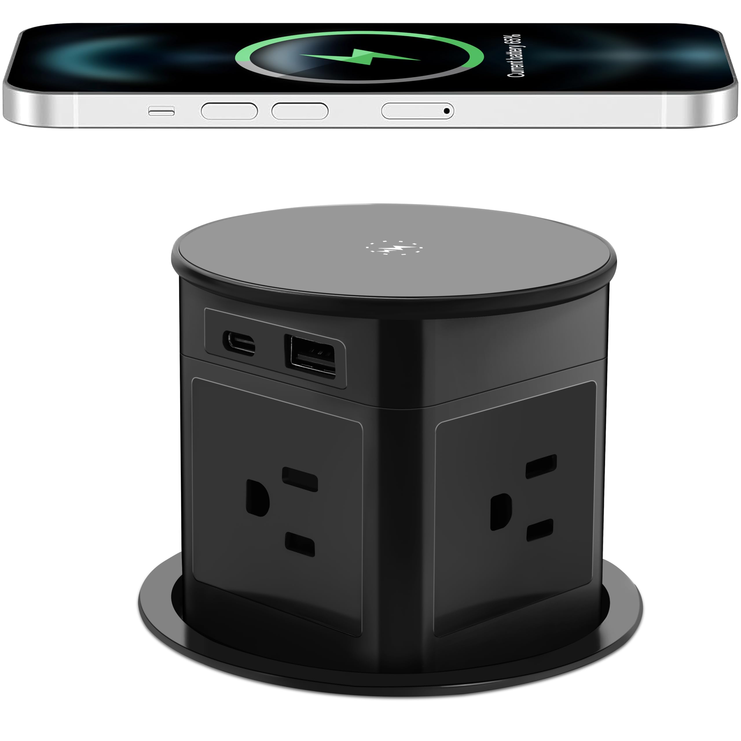 Pop Up Outlet for Countertop, 15W Wireless Charger, 4 Outlets, 1 PD20W USB-C, 1 QC18W USB-A, 3.94 in Desk Hole Power Grommet