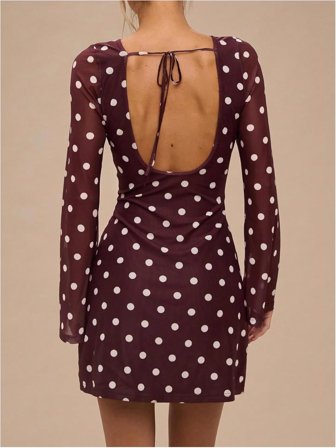 Milumia Women's Polka Dots Long Bell Sleeve Mesh Mini Dress Tie Backless A Line Short Dress Party Going Out - Image 2