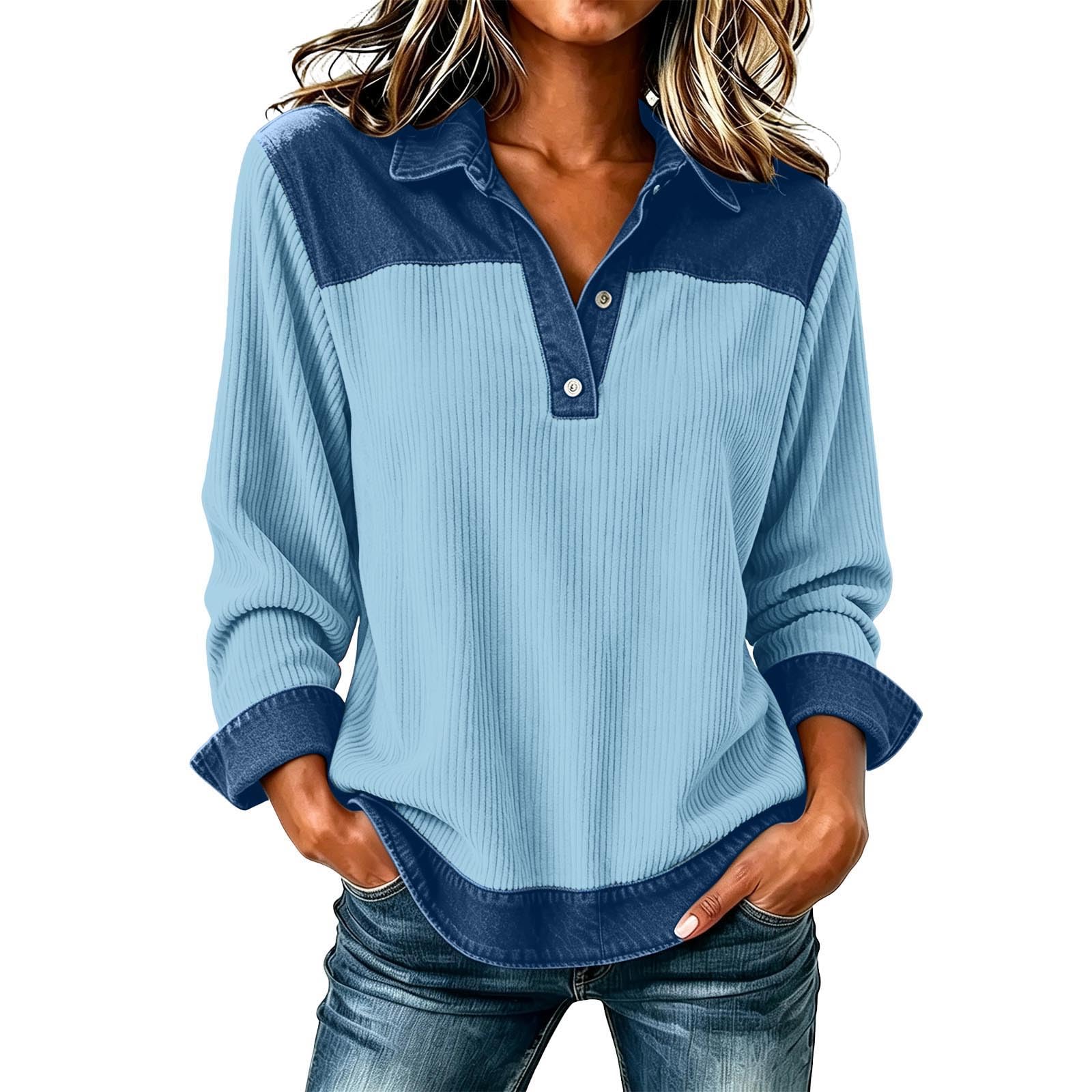 Cord Pullover Damen Chic Sweatshirt Lässige Langarmshirt Knopfleiste