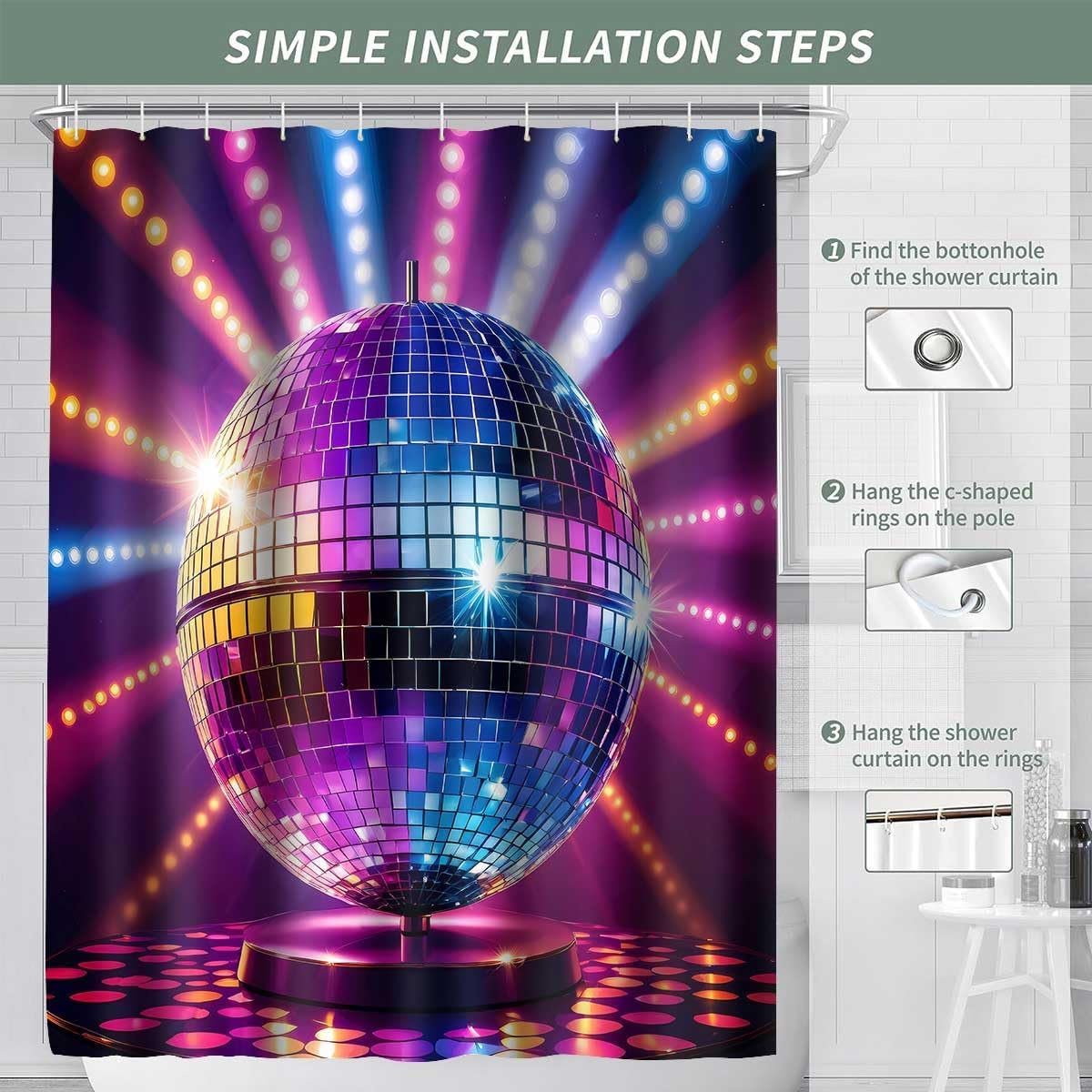 Disco Ball Shower Curtain Vintage 60s 70s 80s Disco Neon Music Bath Curtain 72x72 Inches Washable Polyester Night Club Disco Theme Bathroom Curtians with 12 Hooks YLOKPA1100