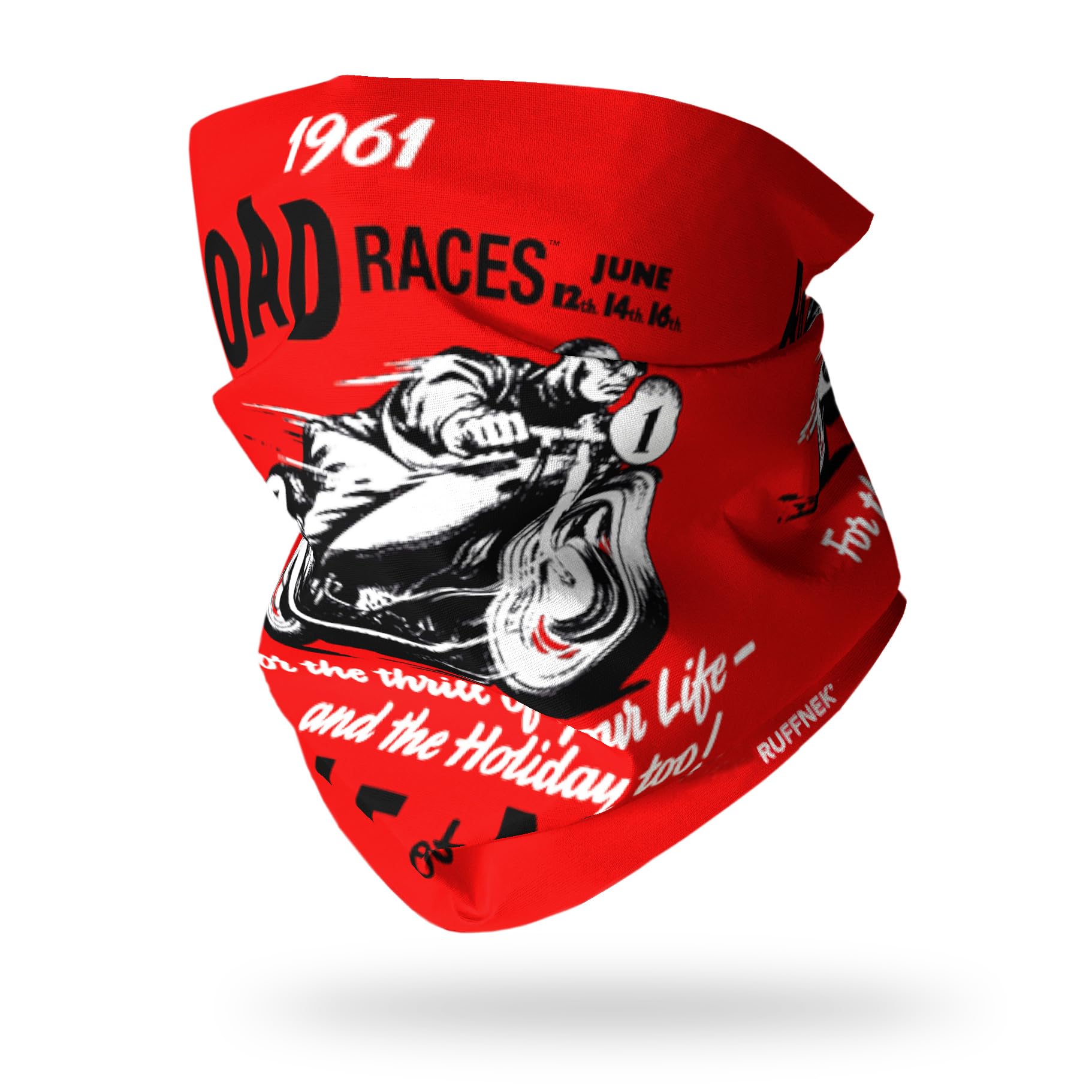 Ruffnek Unisex Red & Black Isle Of Man Races 1961 Poster Design - Iom - Neck Warmer Multifunctional Biker Motorbike Scarf/Snood Face Mask Cover - One Size For Men, Women