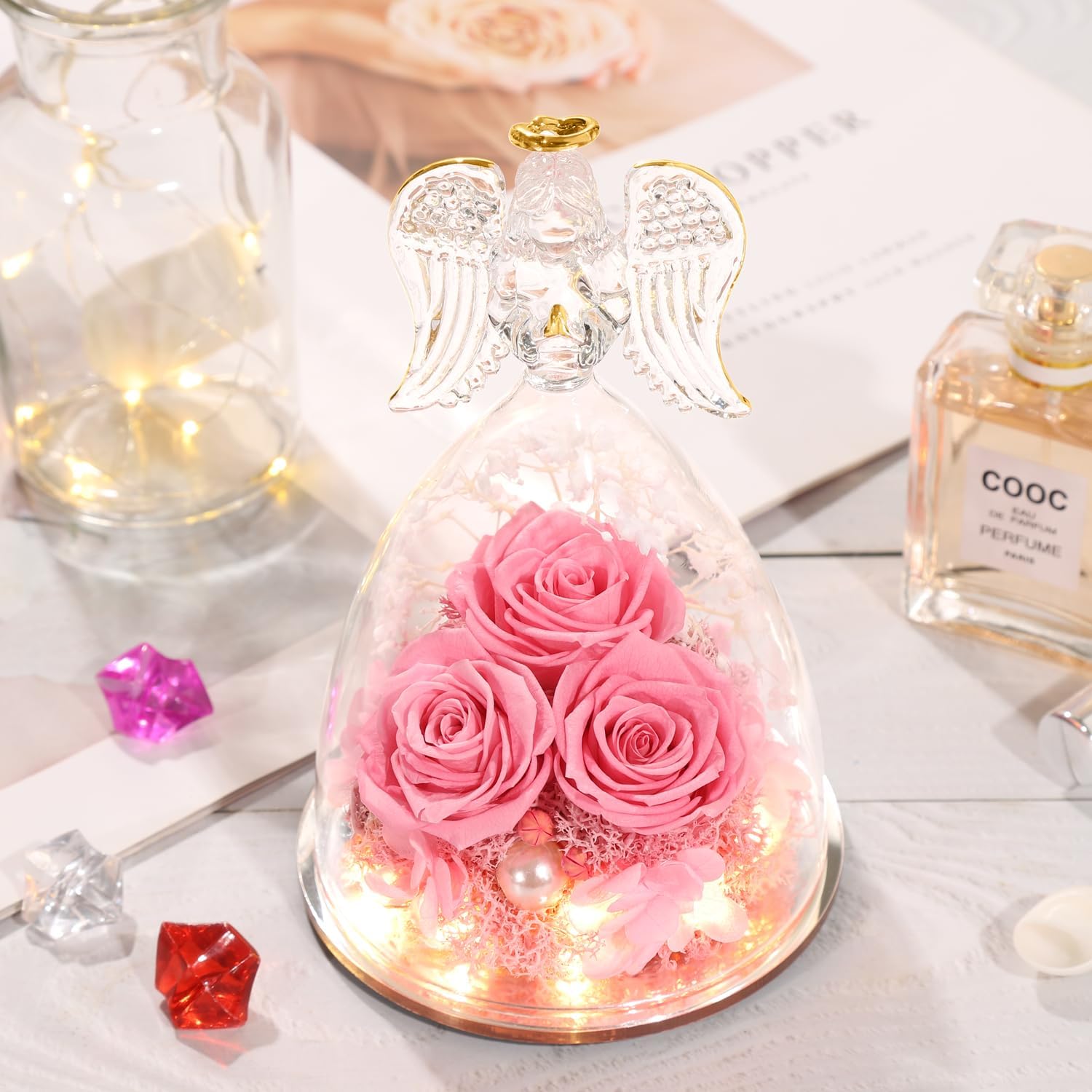 Birthday Gifts for Her, Glass Angel Figurine with Three Rose Gifts, Preserved Forever Real Rose Gifts for Women, Angel Guardian with Rose, Gifts for Valentine Mothers Day - Image 5