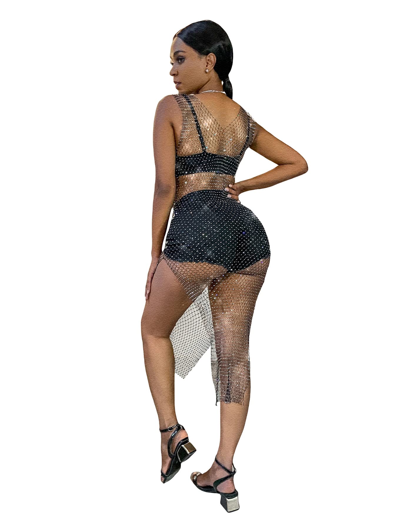 Floernswomens Sleeveless Rhinestone Split Thigh Cover Up Crystal