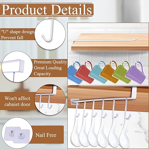 Miniatura 3 de Plzrme 6 ganchos para tazas debajo del gabinete, soporte adhesivo para tazas de café sin taladrar, colgador para tazas debajo del estante, soporte