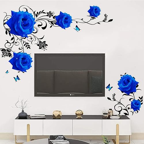 Calcomanías de pared de rosas azules, calcomanías de pared de flores azules, rosas decorativas para interiores, para dormitorio, fiesta temática,