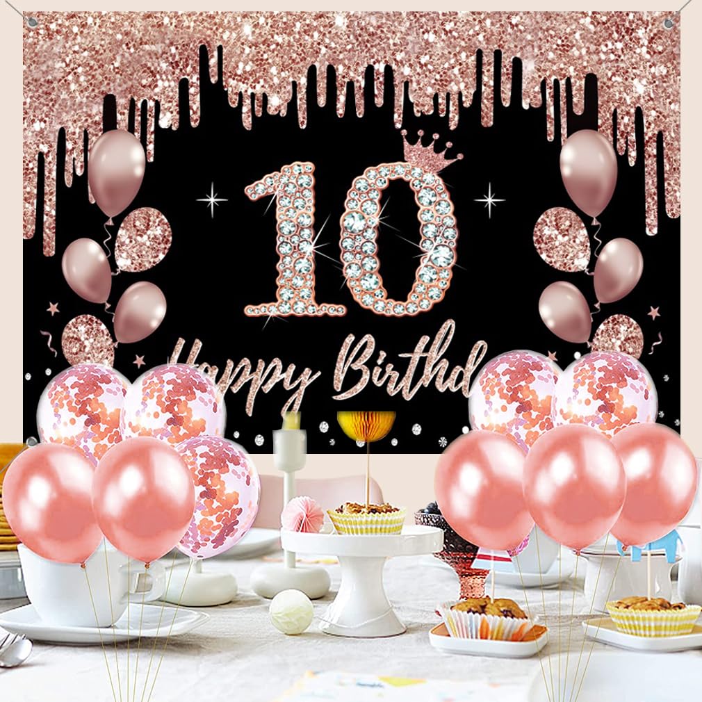 Joyeux 10e anniversaire bannière toile de fond décorations compatible filles, or rose 10 ans anniversaire fête signe fournitures, rose dix anniversaire affiche arrière-plan | FR Joyeux 10e anniversaire bannière toile de fond décorations compatible filles, or rose 10 ans anniversaire fête signe fournitures, rose dix anniversaire affiche arrière-plan | FR