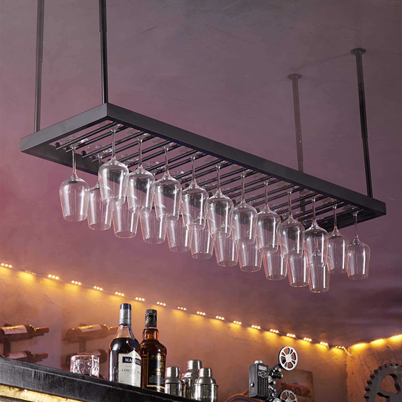 Casier à vin en métal noir de plafond suspendu pour cuisine et bar