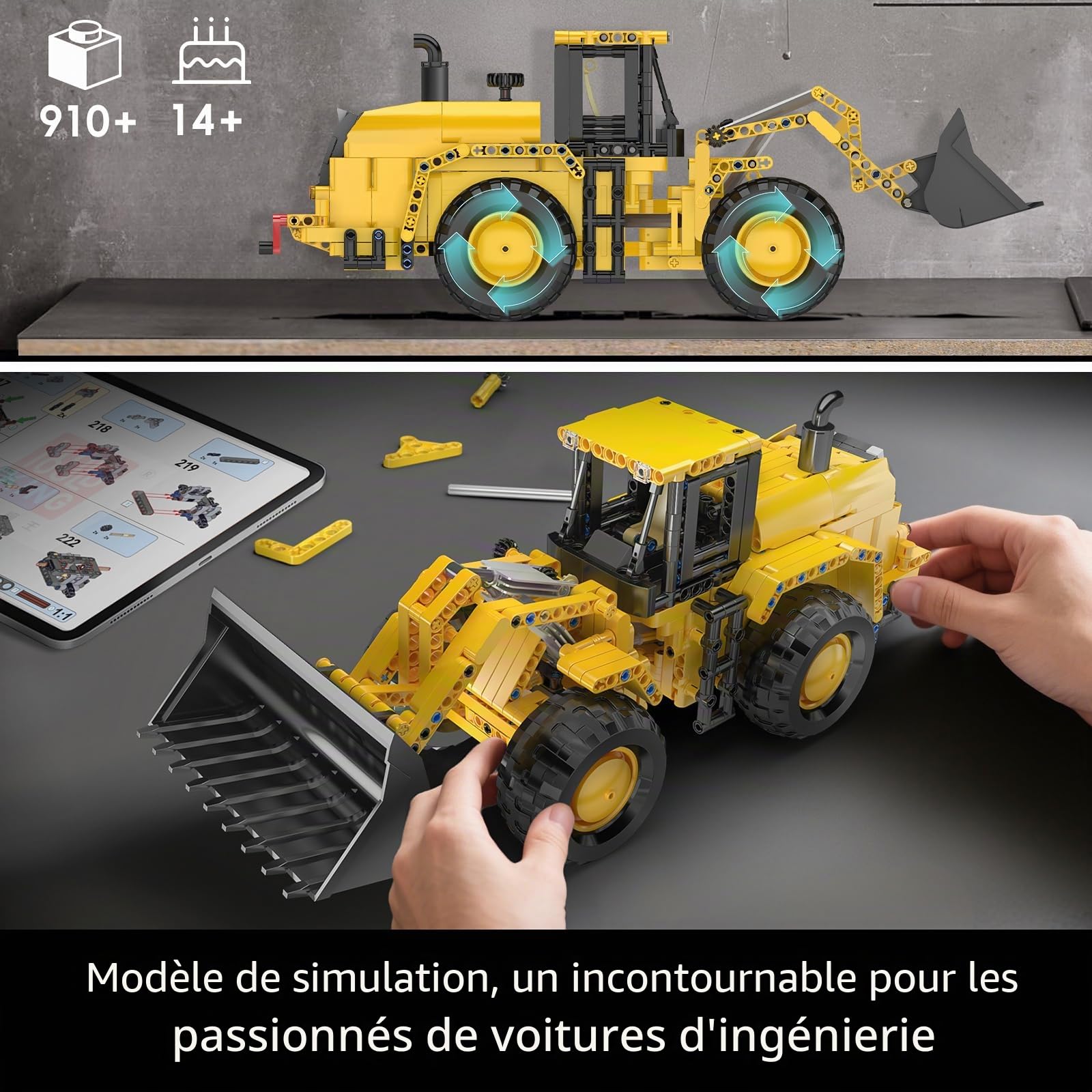 Mould King 17084 Technique Chargeuse sur pneus, pelleteuse, véhicule de construction, jouet avec pelle mobile, kit de construction réaliste, cadeau d'anniversaire pour garçons à partir de 8 ans