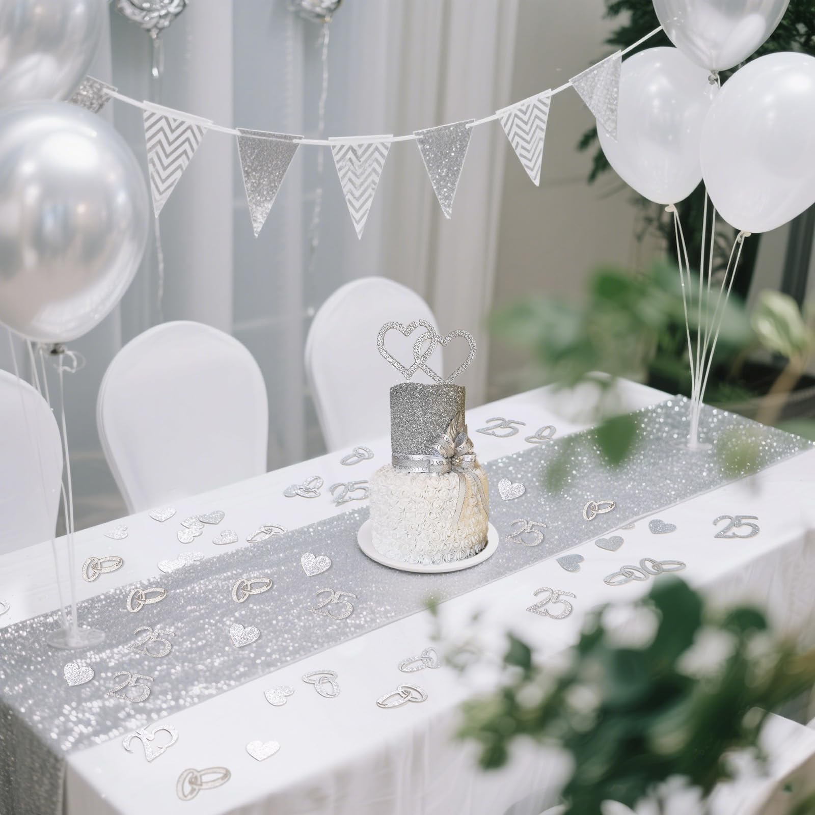 BETESSIN Streudeko Silberhochzeit Glitzer - 100 Stück Silber Hochzeit Konfetti mit 25, Ringe, Herz Motiven