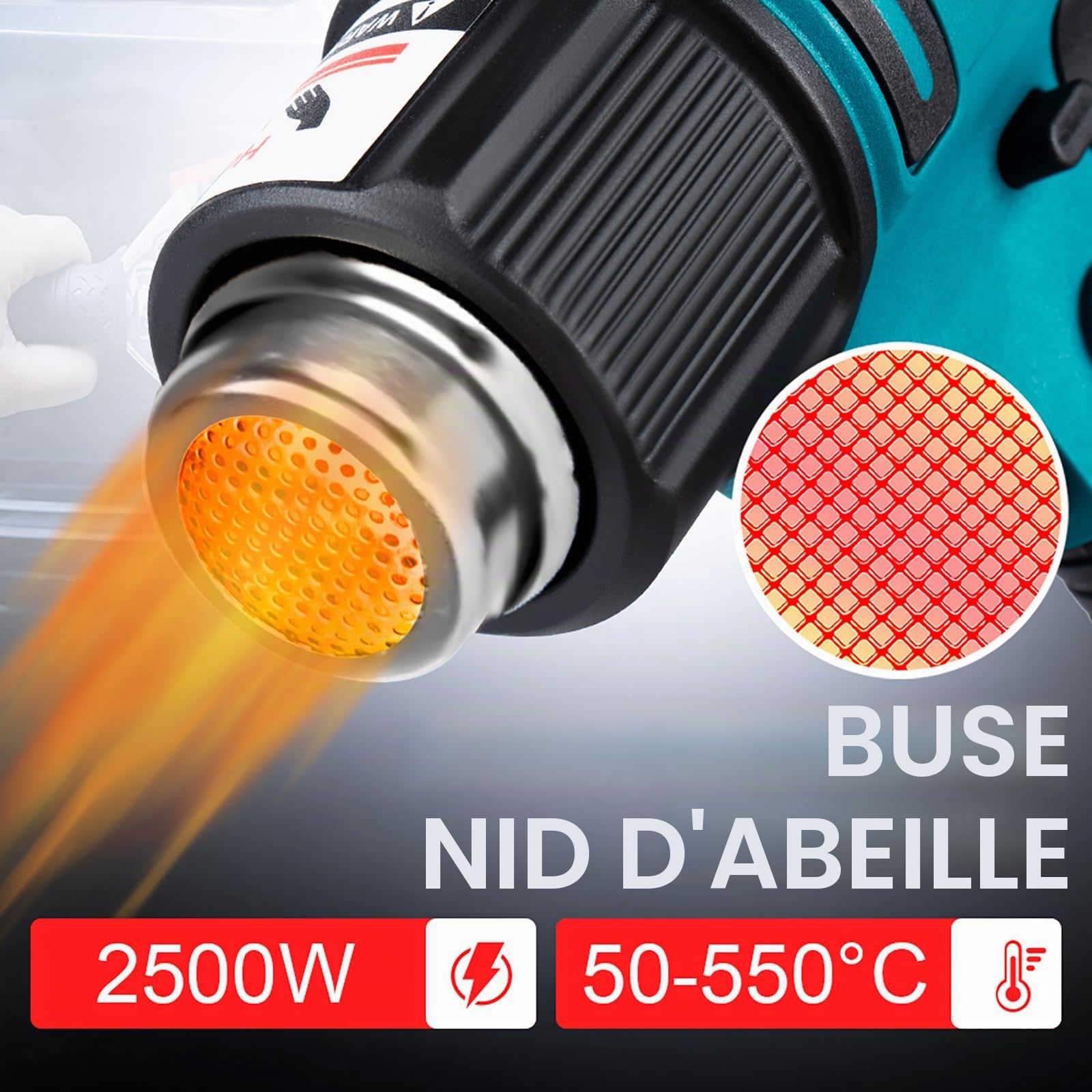 ONEVAN décapeur thermique sans fil, 50-550 °C pistolet thermique électrique pour Makita 18V, écran LCD numérique, pistolet a air chaud avec 5 buses et 2 grattoirs (sans batterie)