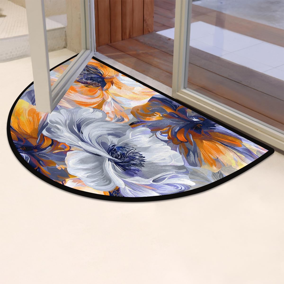 Half Round Door Mat Flower Colorful Art Half Moon Rug Washable Half Circle Area Rugs Indoor Entrance Non Slip Semi Circle Bathroom Rugs Floor Carpet for Kithen Bedroom Fireplace Decor