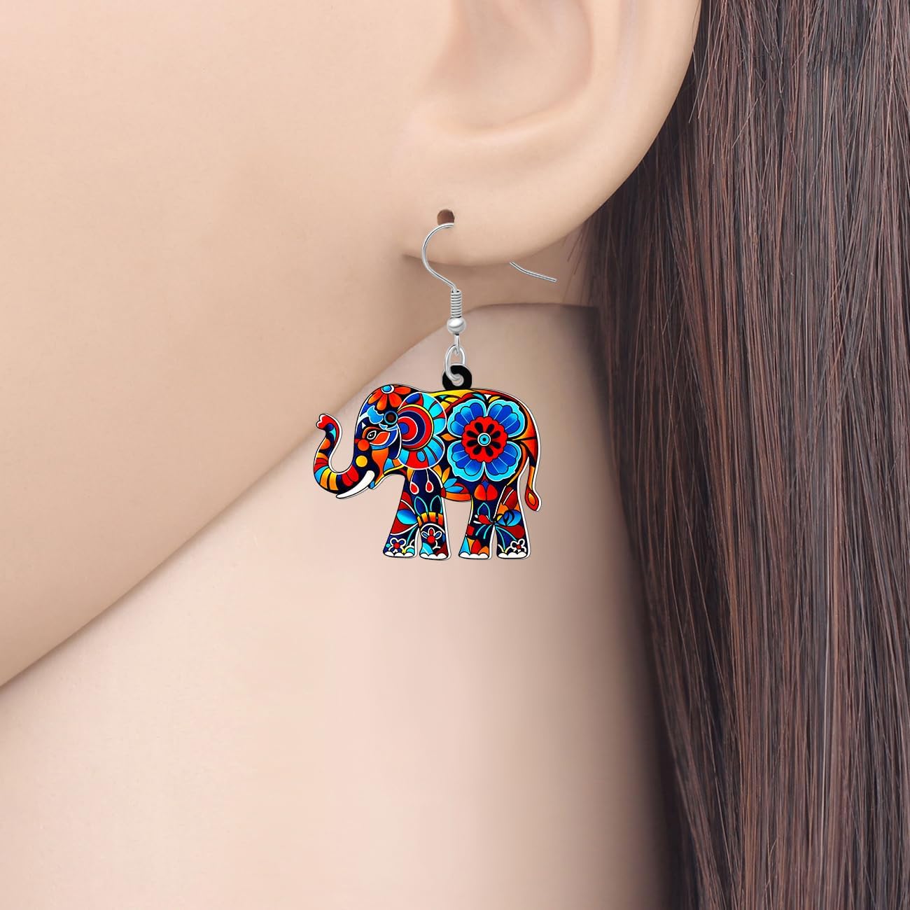 BONSNY Colorful Acrylic Elephant Dangle Earrings Bohemian Tribal Floral Design Boho Jewelry Gifts for Women Funny Novelty Hypoallergenic Spring Summer Gifts Accessories image 2