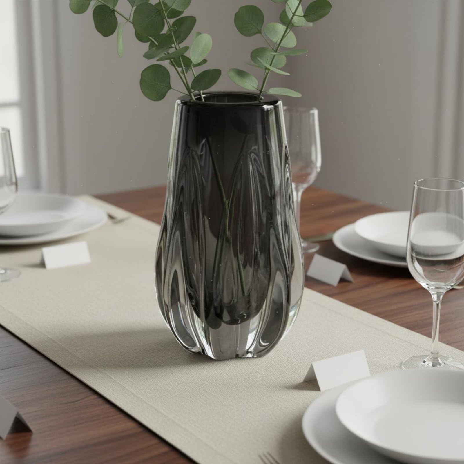 Vaso Decorativo in Vetro Soffiato Vaso Contenitore Centrotavola Superficie Levigata Brillante con Effetto Cattura Moderno Essenziale Adatto per Steli, Grigio, M