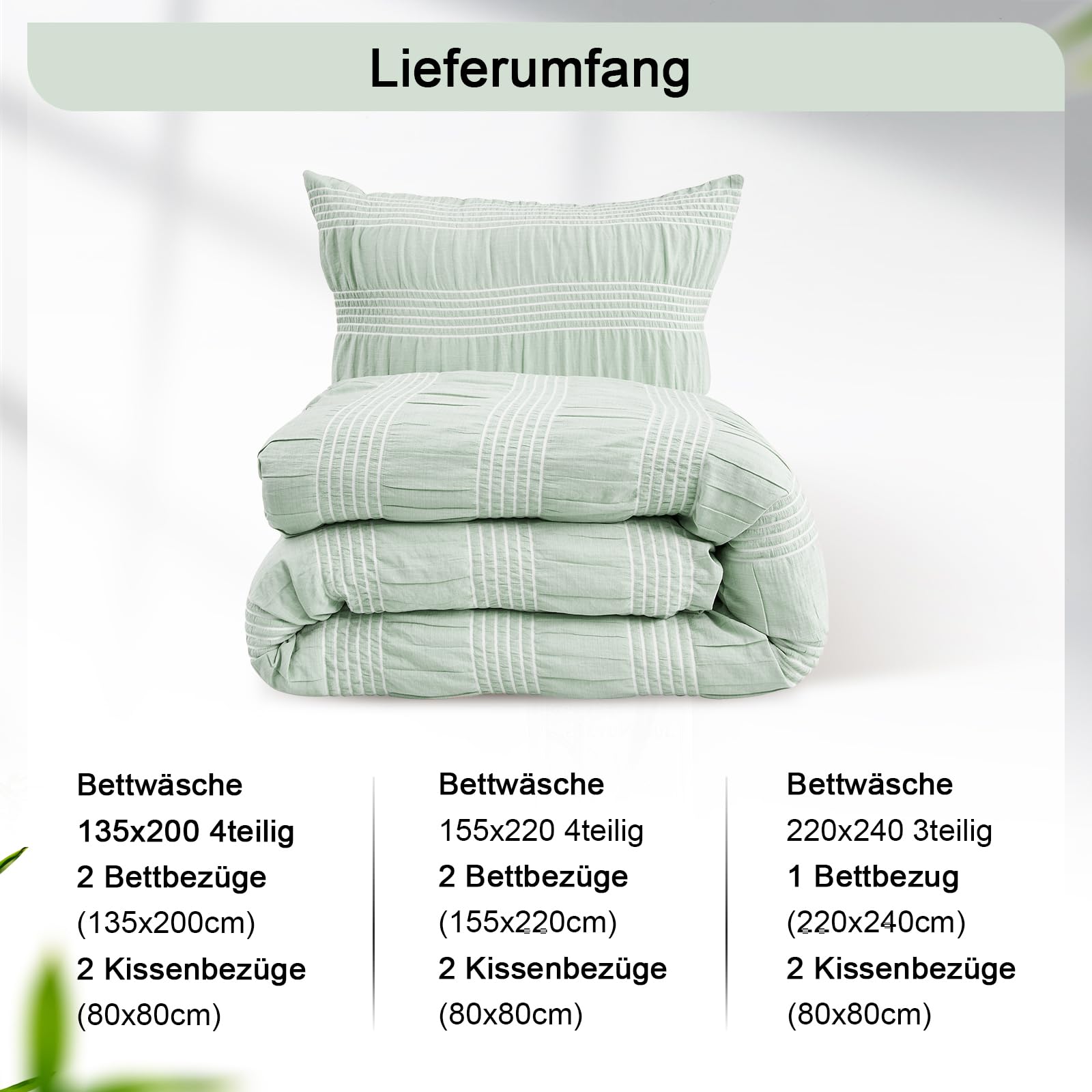 Qucover Funda Nordica Cama 135/150 - Verde Fundas para Edredón 200x200cm con 2 Fundas de Almohada 80x80cm, 3 Piezas Juego de Ropa de Cama de Diseño de Rayas Blancas con Cremallera
