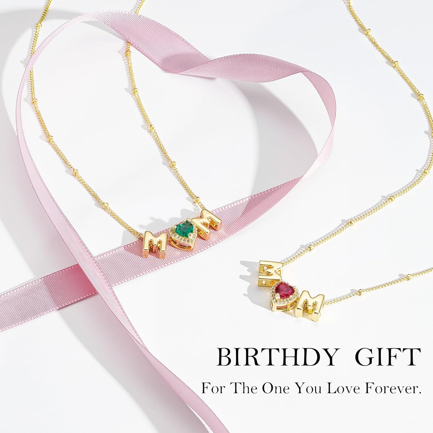 M MOOHAM Mom Birthstone Necklace Gifts for Women, Dainty Mothers Day Jewelry for Women Mother Wife Birthday, New Mom Gifts From Daughter, 14K Gold Plated Love Heart Birthstone Pendant Necklaces - Image 3