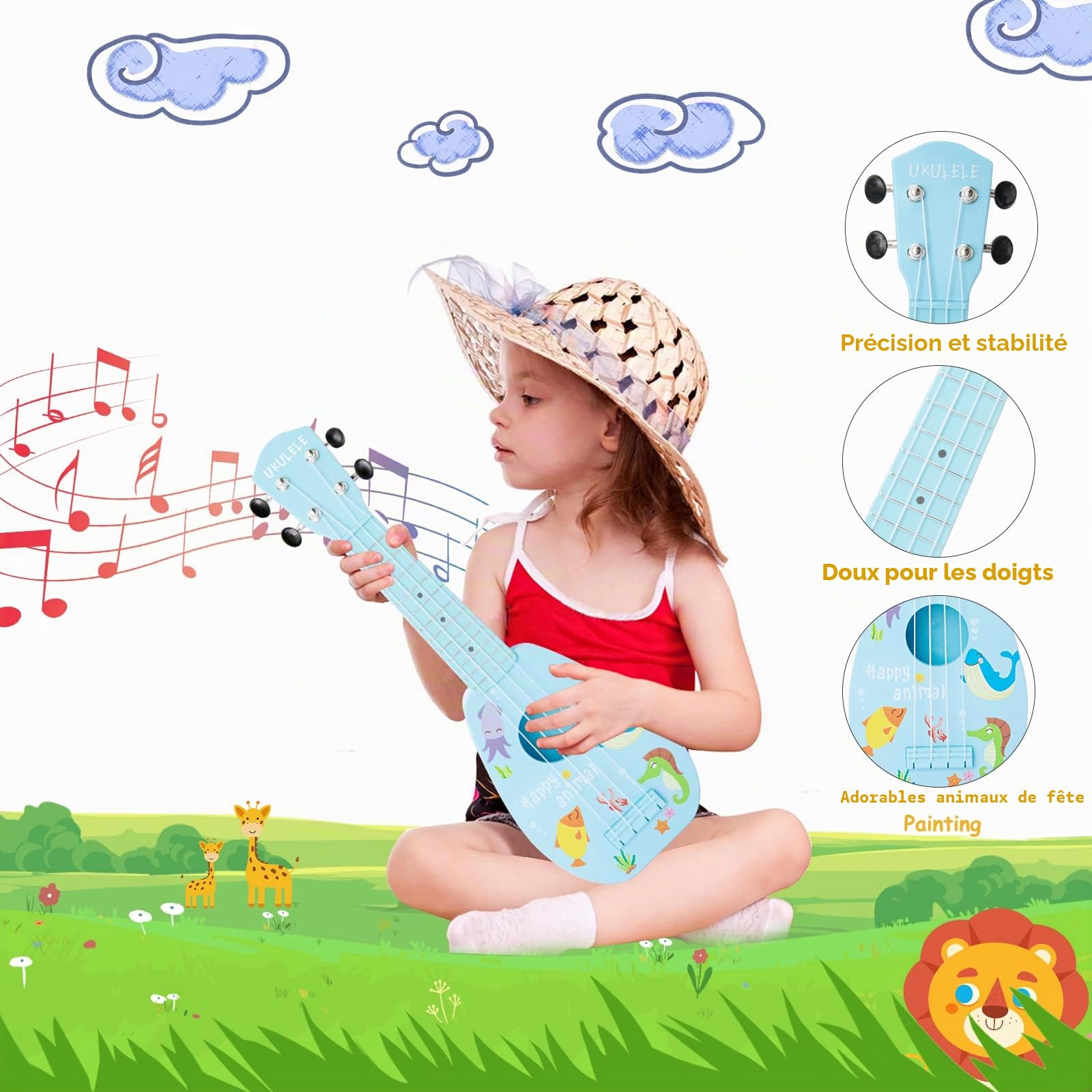 Ukelele pour Enfants, Guitare pour Enfants, Mini ukulélé Acoustique de 43 cm, kit pour débutants avec médiator et Sangle– Idéal pour Les Tout-Petits et Les débutants, Cadeaux de noël/Nouvel an (Bleu)