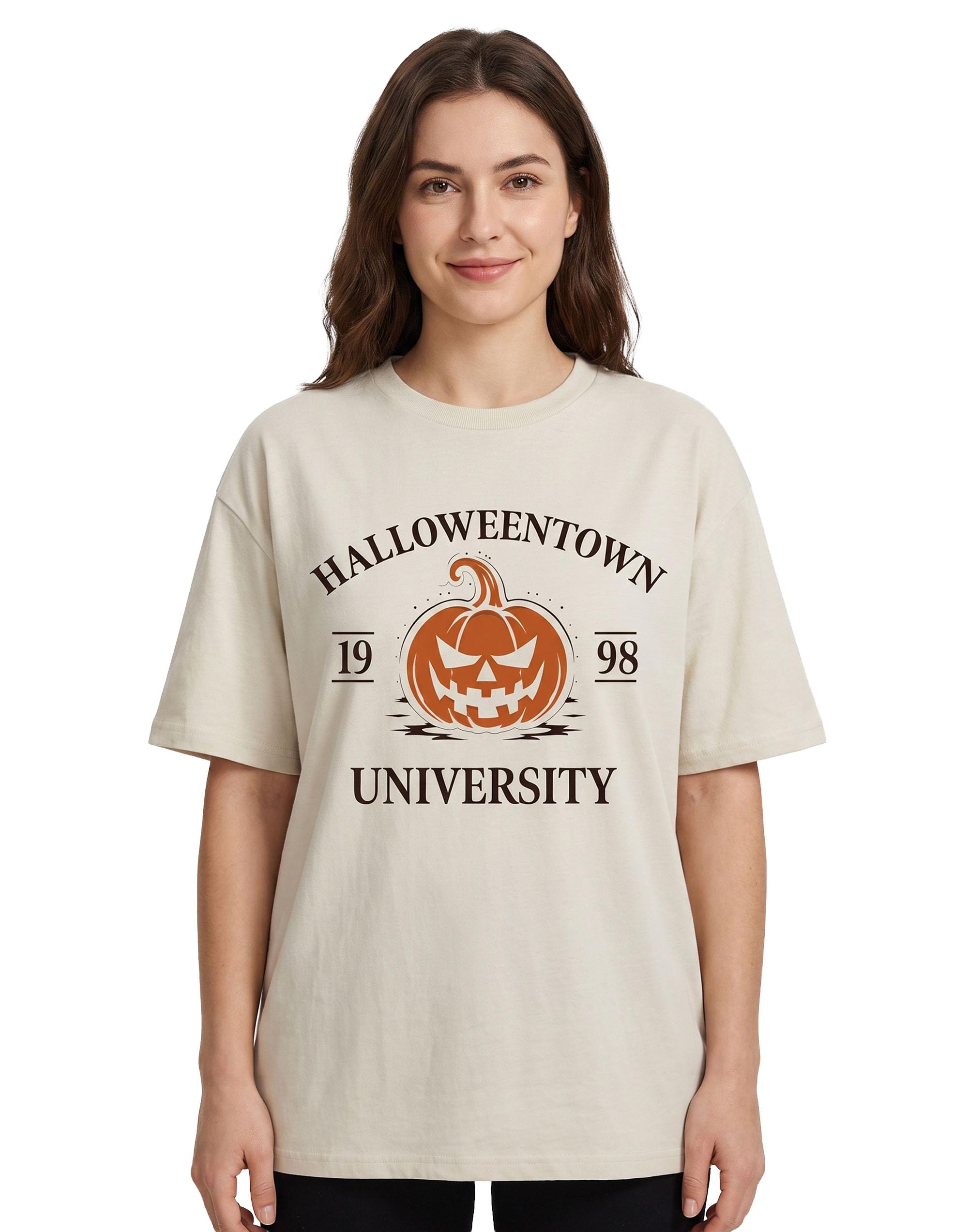 Vanilla Underground Women's Beige Halloween Town Graphic Tee | Short-Sleeved T-Shirt For | Spooky Town Theme | Autumn Fashion Top | Halloween Merchandise | Unique Gift Idea For Her