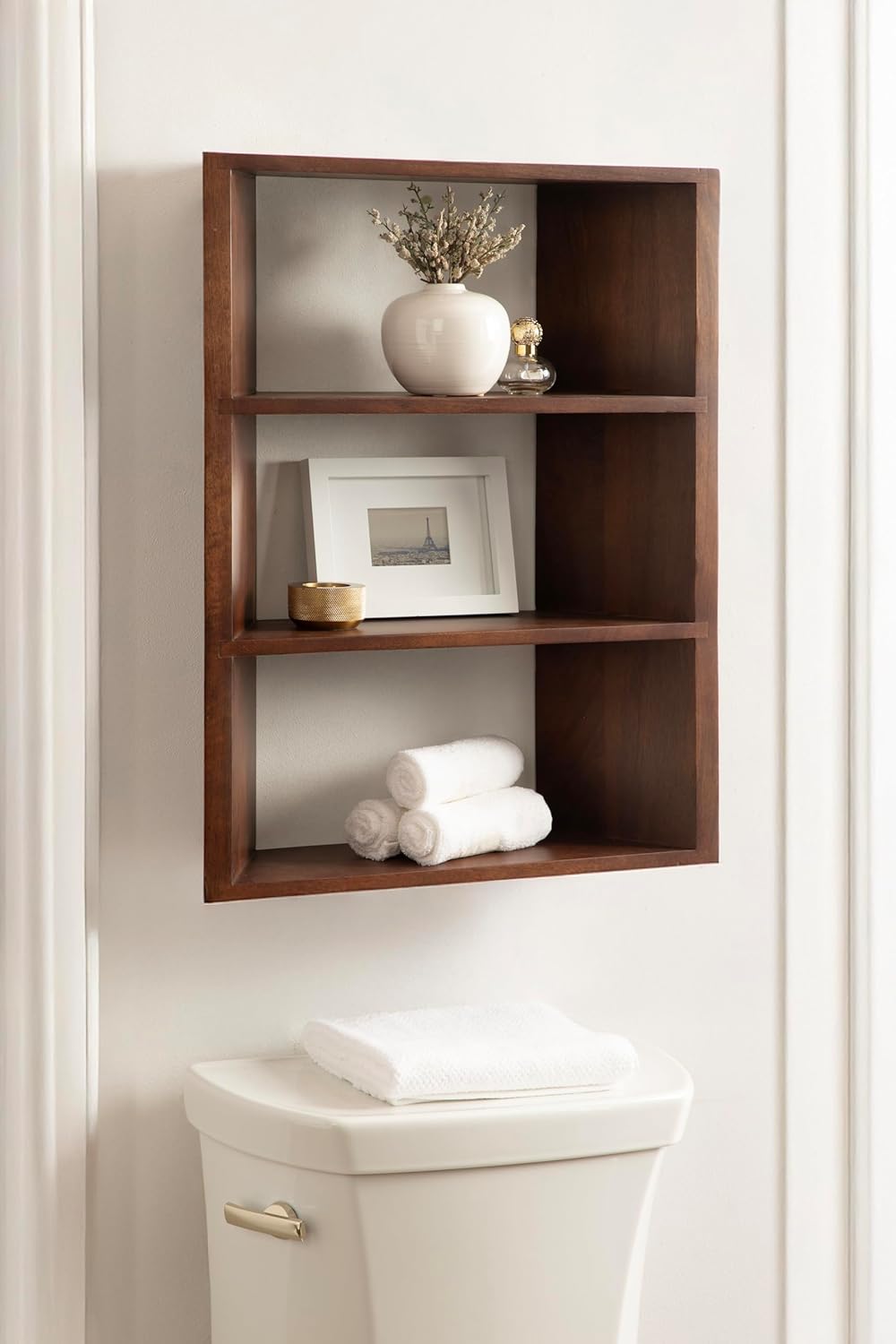 Kate and Laurel Akita Modern Angled Three-Tier Wall Shelf, 20 x 6 x 26, Walnut Brown, Decorative Over The Toilet Shelf for Use as Bathroom Storage or Living Room Display Shelving