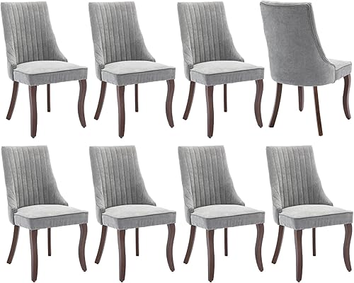 Miniatura 25 de Juego de 6 sillas de comedor, sillas de comedor de cocina con canales de lino con patas curvadas de madera maciza, silla de comedor tapizada de tela