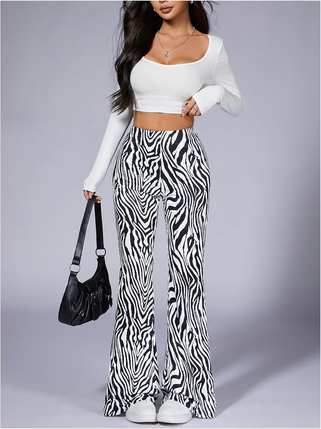 SOLY HUX Women's Zebra Striped Flare Leg Pants Elastic High Waisted Casual Long Pants Trousers - Image 4