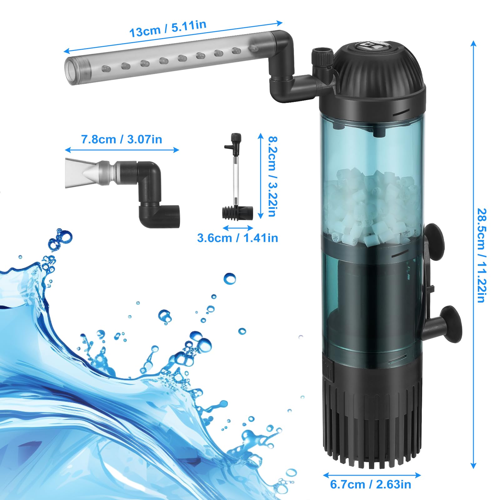 6W Filtro de Acuario Interno con Flujo 500L/H Filtración, Oxigenación, Circulación para Agua Limpia, Flujo de Aire Ajustable, bajo Ruido y Silencioso