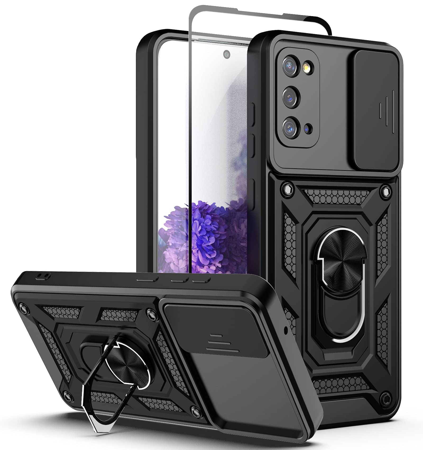 Dretal Galaxy S20 5G Case with Stand Kickstand Ring and Camera Cover with Tempered Glass Screen Protector, Military Grade Shockproof Protective Cover for Samsung Galaxy S20 (TC-Black)